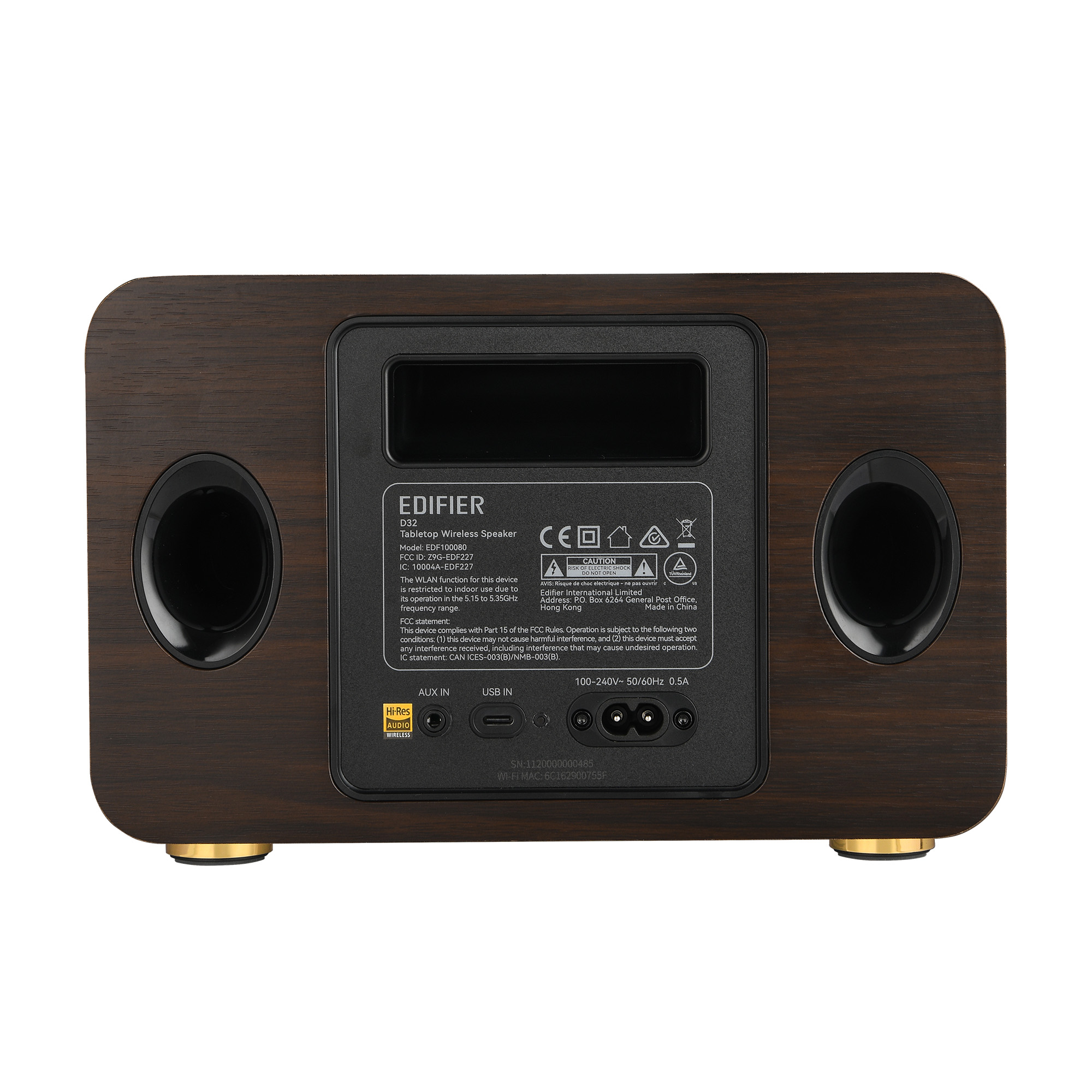 Brązowy głośnik z czarnymi otworami głośnikowymi i czarnym panelem sterowania z białym tekstem.