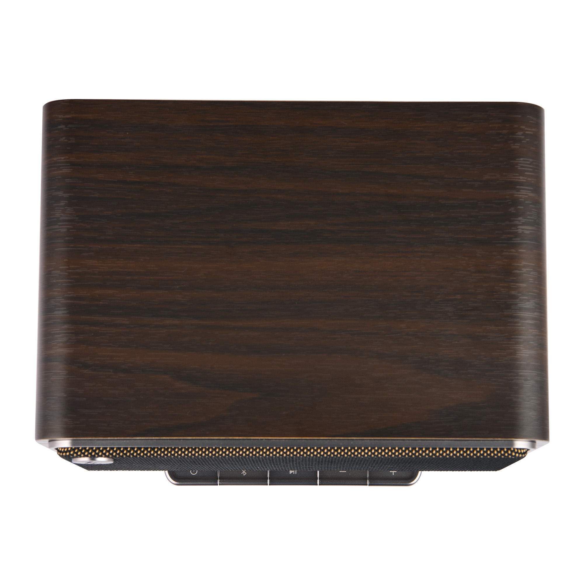 Prostokątny drewniany głośnik z zaokrąglonymi krawędziami. Dół ma siatkę z przyciskami.