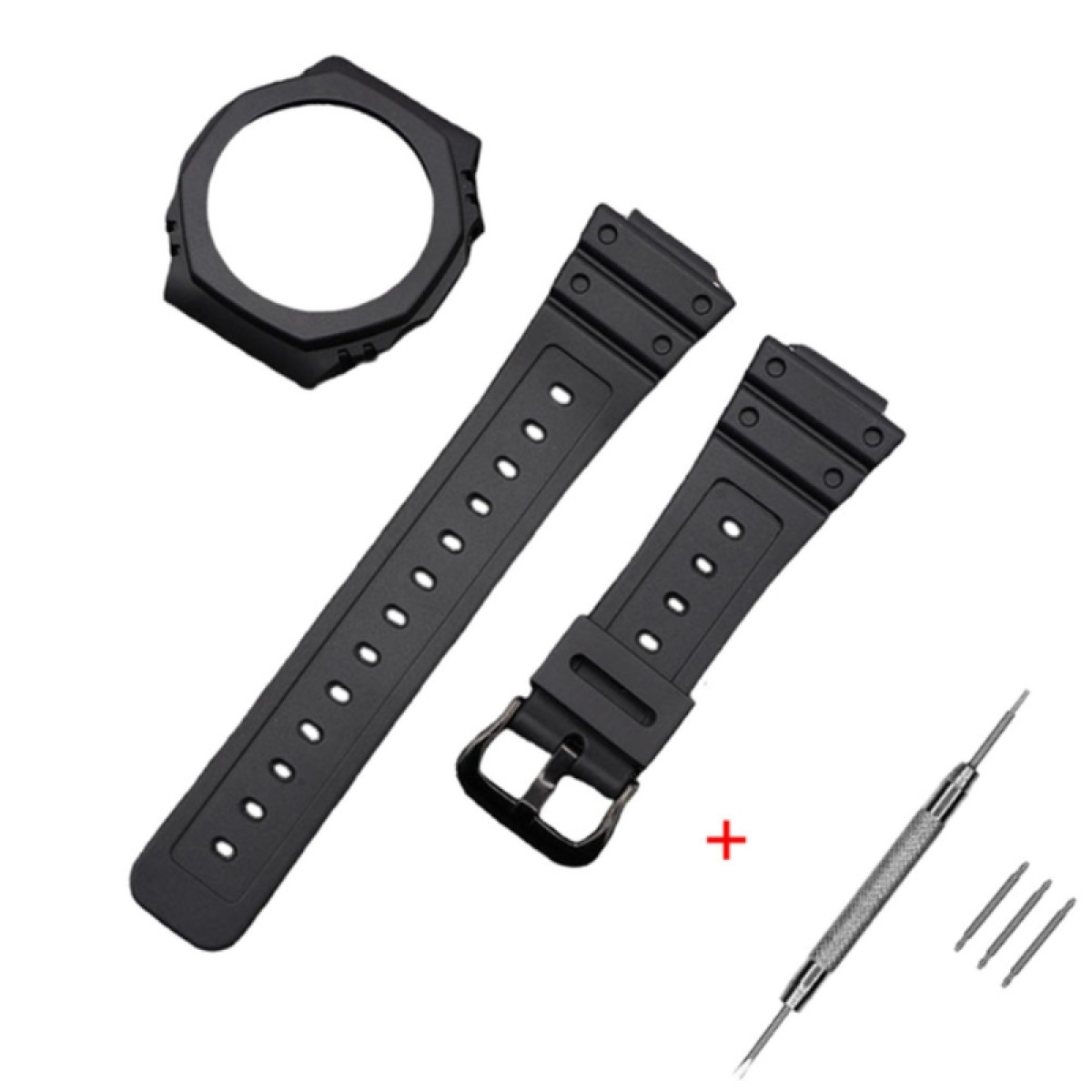 Schwarze Uhrenteile: Lünette, Armbänder, Schnalle, Schraubendreher und Stifte auf weißem Hintergrund. Die Teile sind zur Reparatur.