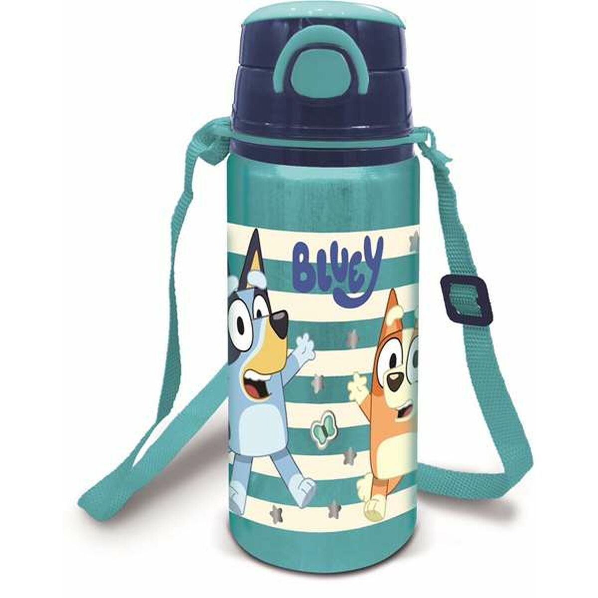 Eine Bluey-Trinkflasche mit türkisfarbenem Körper, marineblauem Deckel und türkisfarbenem Riemen. Bluey und Bingo sind auf der Flasche.