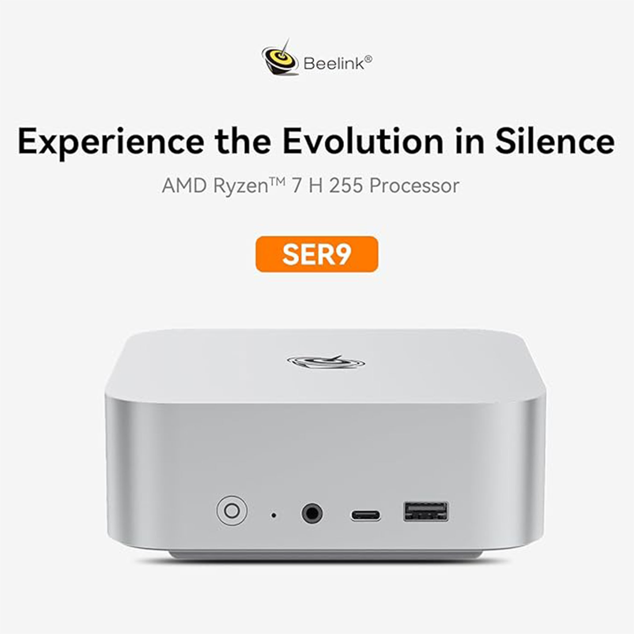 Biały mini PC Beelink SER9 z portami. Tekst brzmi 'Experience the Evolution in Silence'. Logo marki znajduje się u góry.