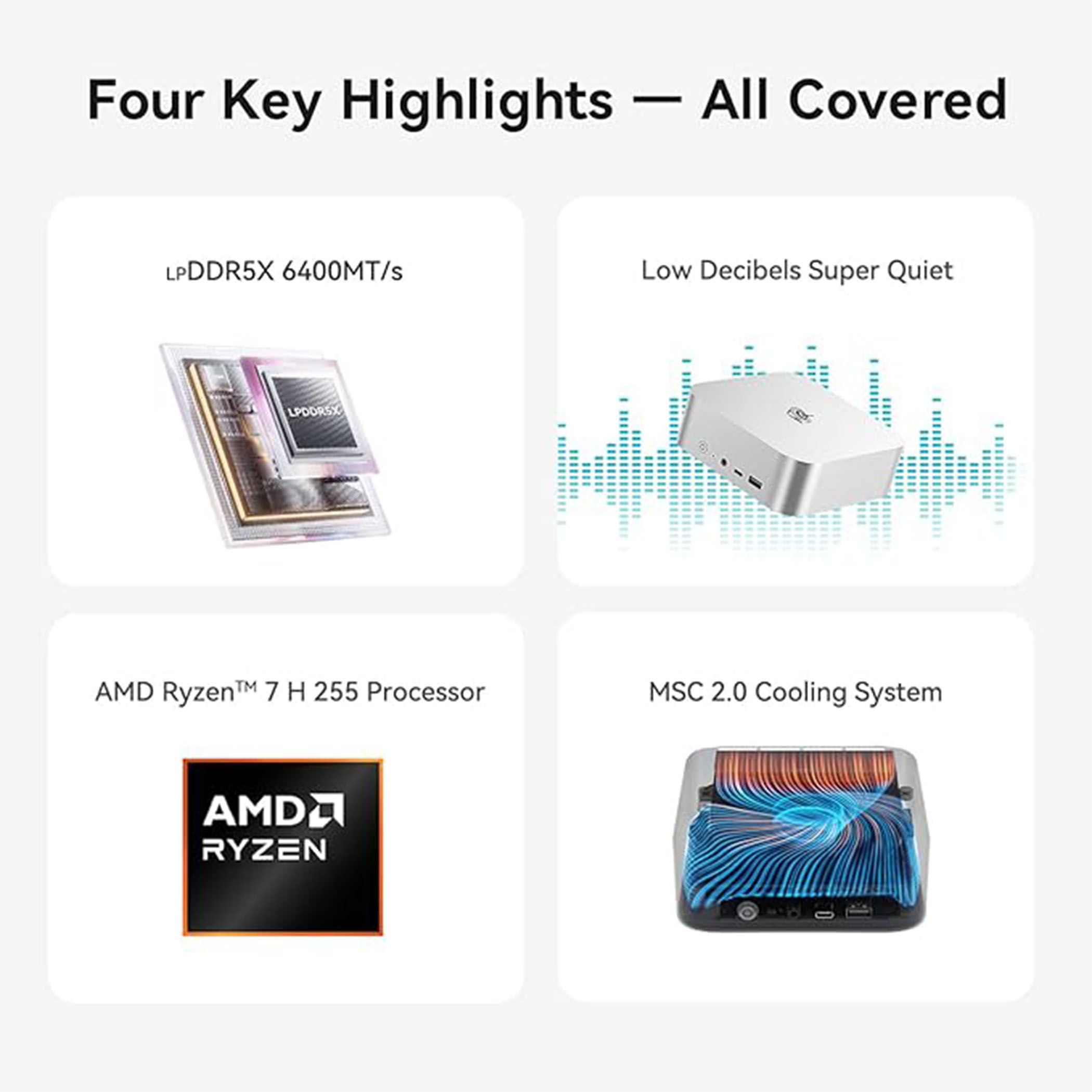 Obraz pokazuje cztery kluczowe cechy: LP DDR5X, niskie decybele, procesor AMD Ryzen i system chłodzenia MSC 2.0.
