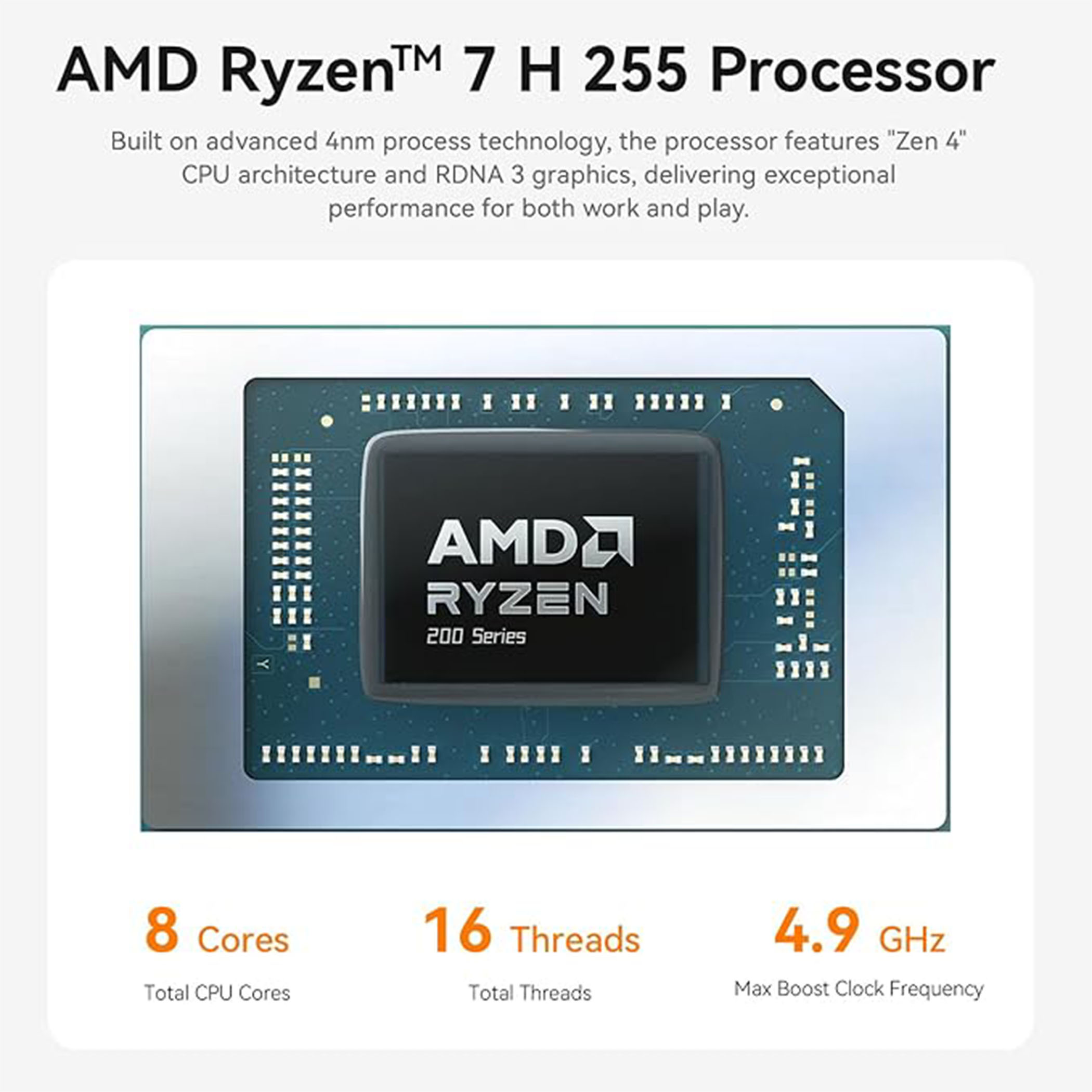 Obraz przedstawia procesor AMD Ryzen 7 H 255 z takimi specyfikacjami jak 8 rdzeni, 16 wątków i częstotliwość taktowania 4,9 GHz.
