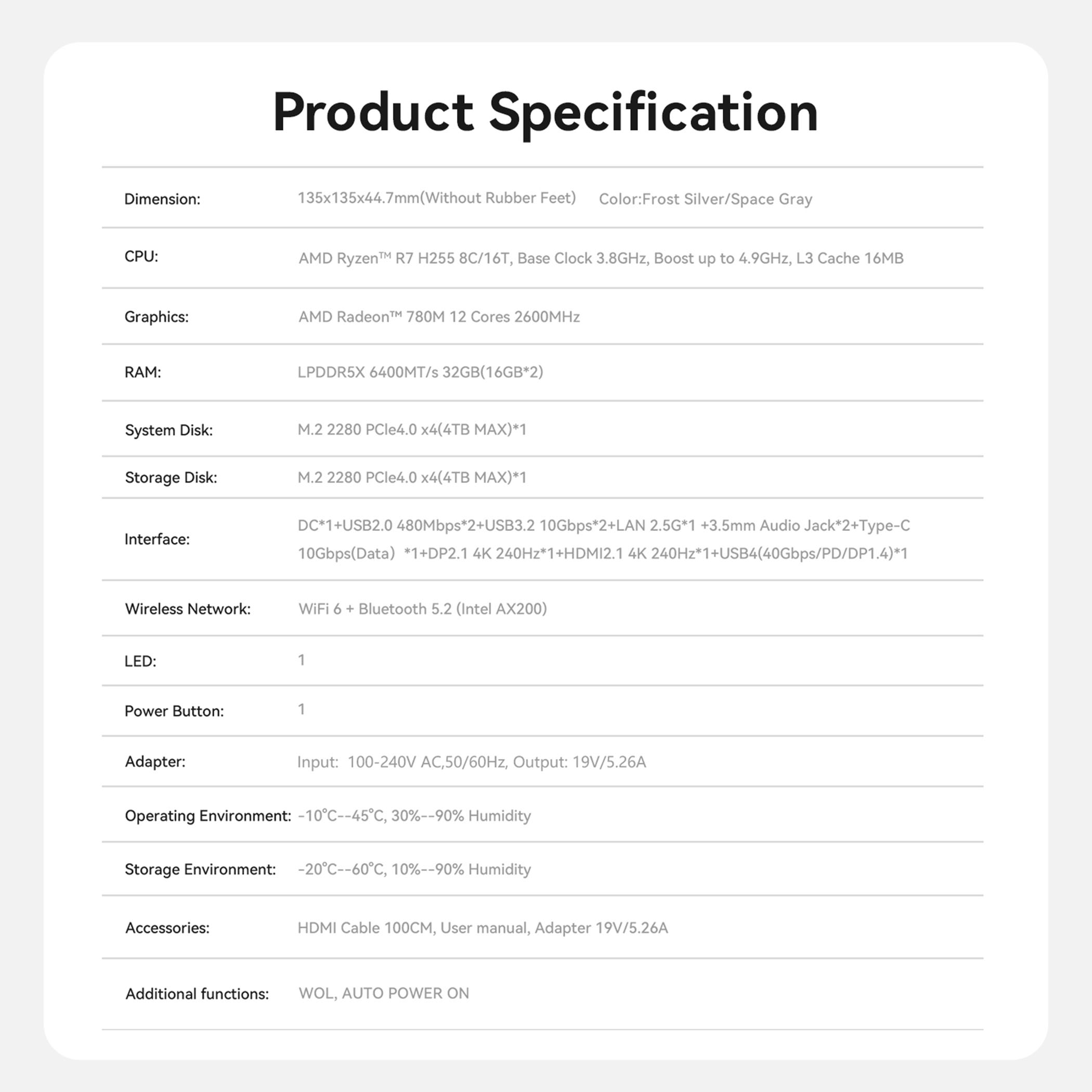 Specyfikacja produktu. Zawiera wymiary, procesor, grafikę, pamięć RAM, pamięć masową, interfejs, sieć, zasilacz i akcesoria.