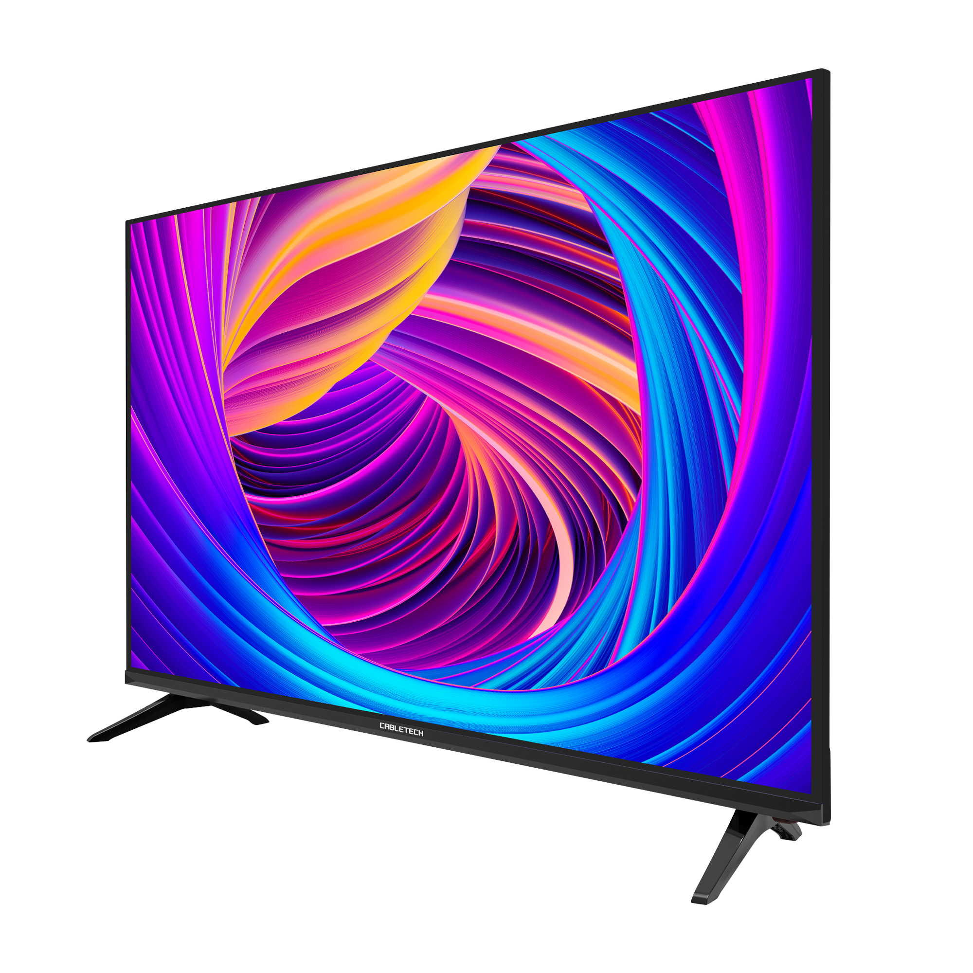 Telewizor Cabletech wyświetla żywy, wirujący abstrakcyjny obraz w kolorze niebieskim, fioletowym i żółtym. Telewizor stoi na stojaku.