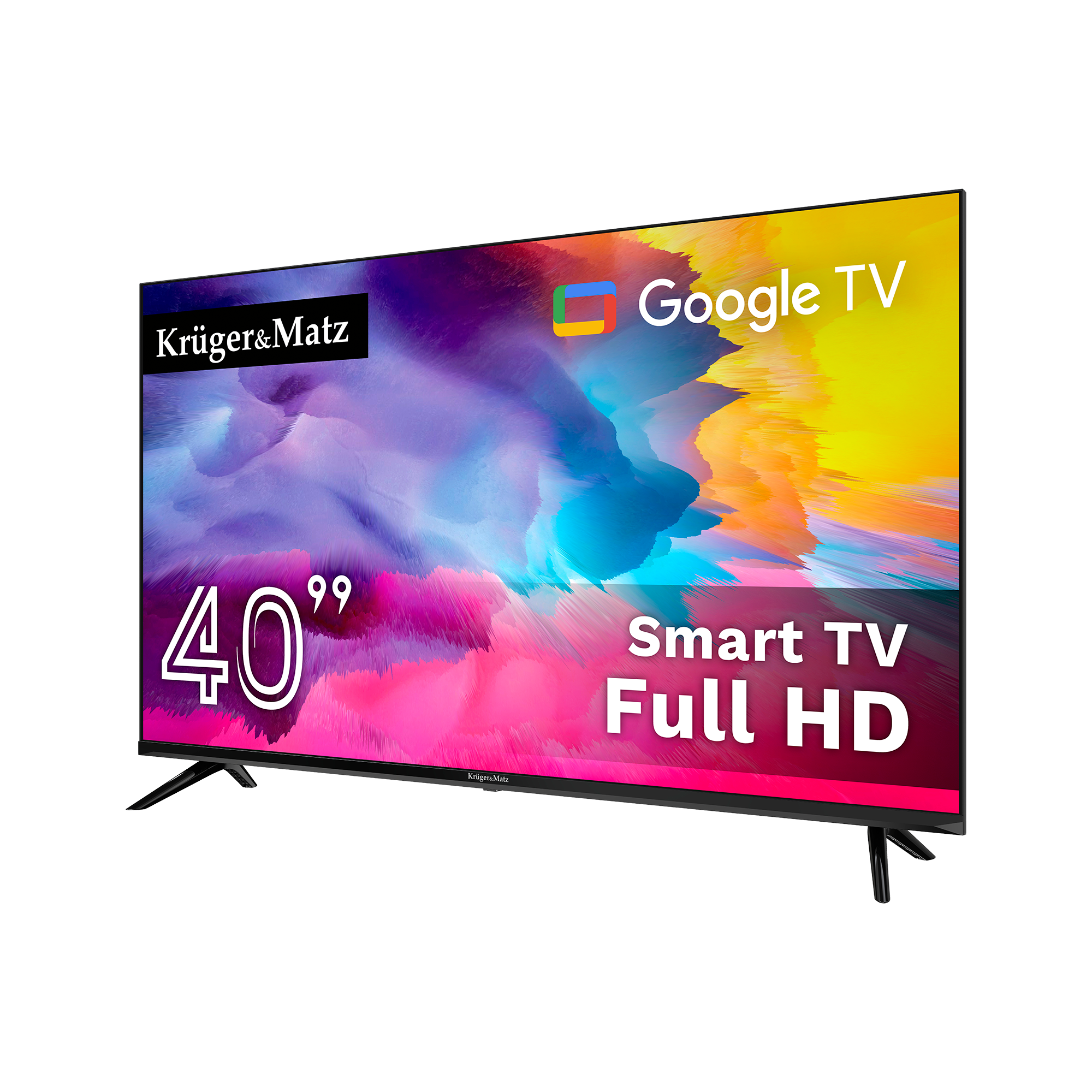 40-calowy Smart TV firmy Kruger&Matz. Posiada Google TV i rozdzielczość Full HD. Ekran ma kolorowe abstrakcyjne tło.