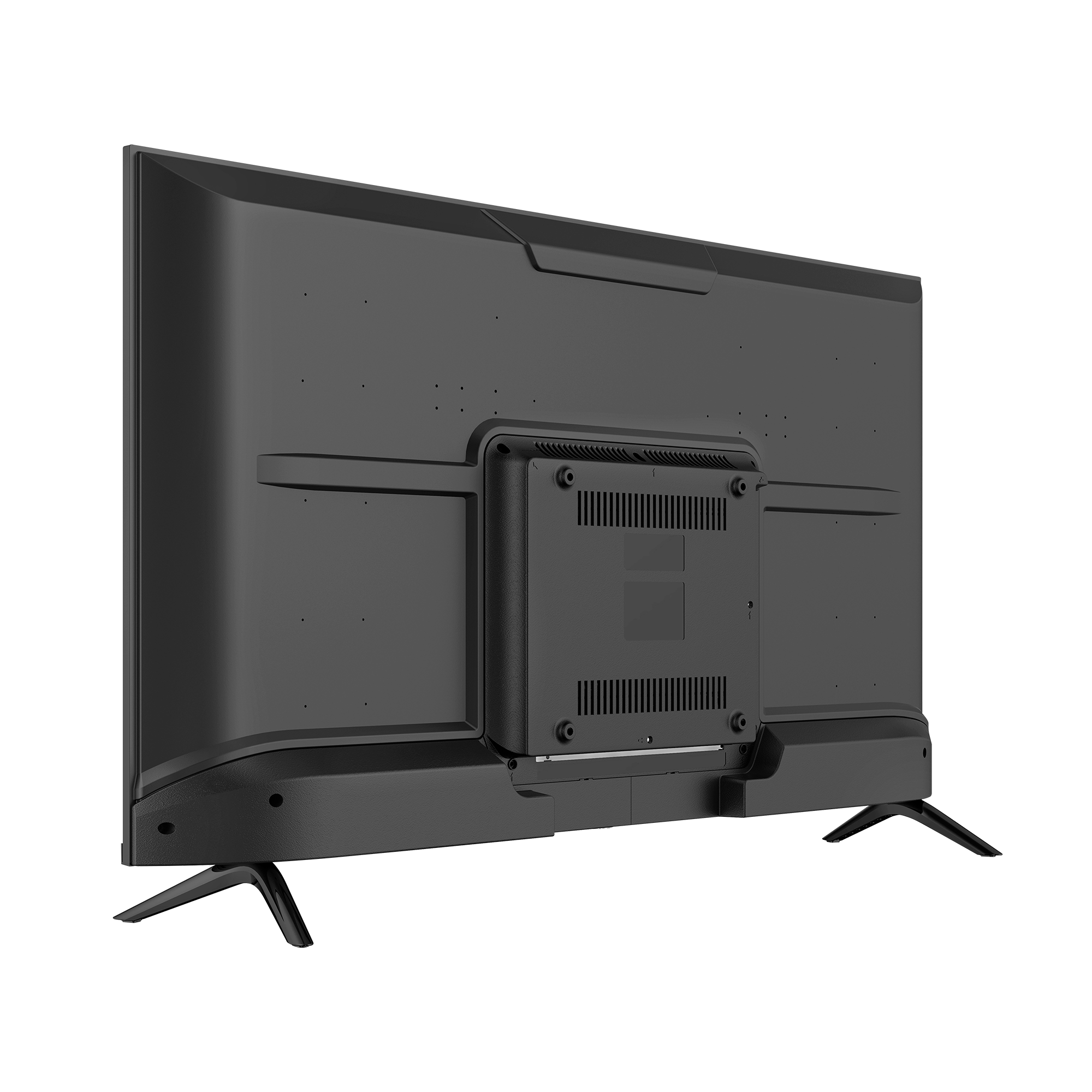 Widok z tyłu czarnego telewizora z płaskim ekranem. Ma podstawę i uchwyt do montażu na ścianie.