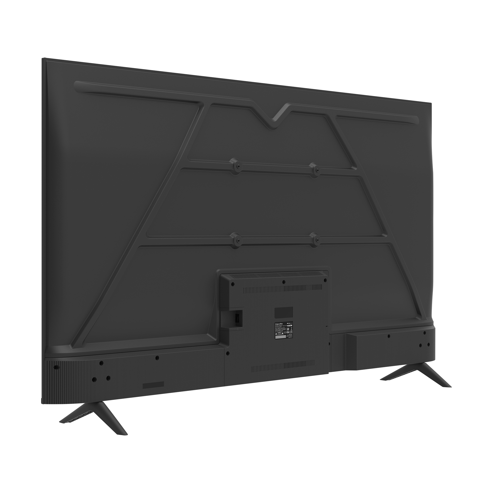 Tył czarnego telewizora. Pokazuje punkty montażowe, porty i stojak. Telewizor jest pod kątem.