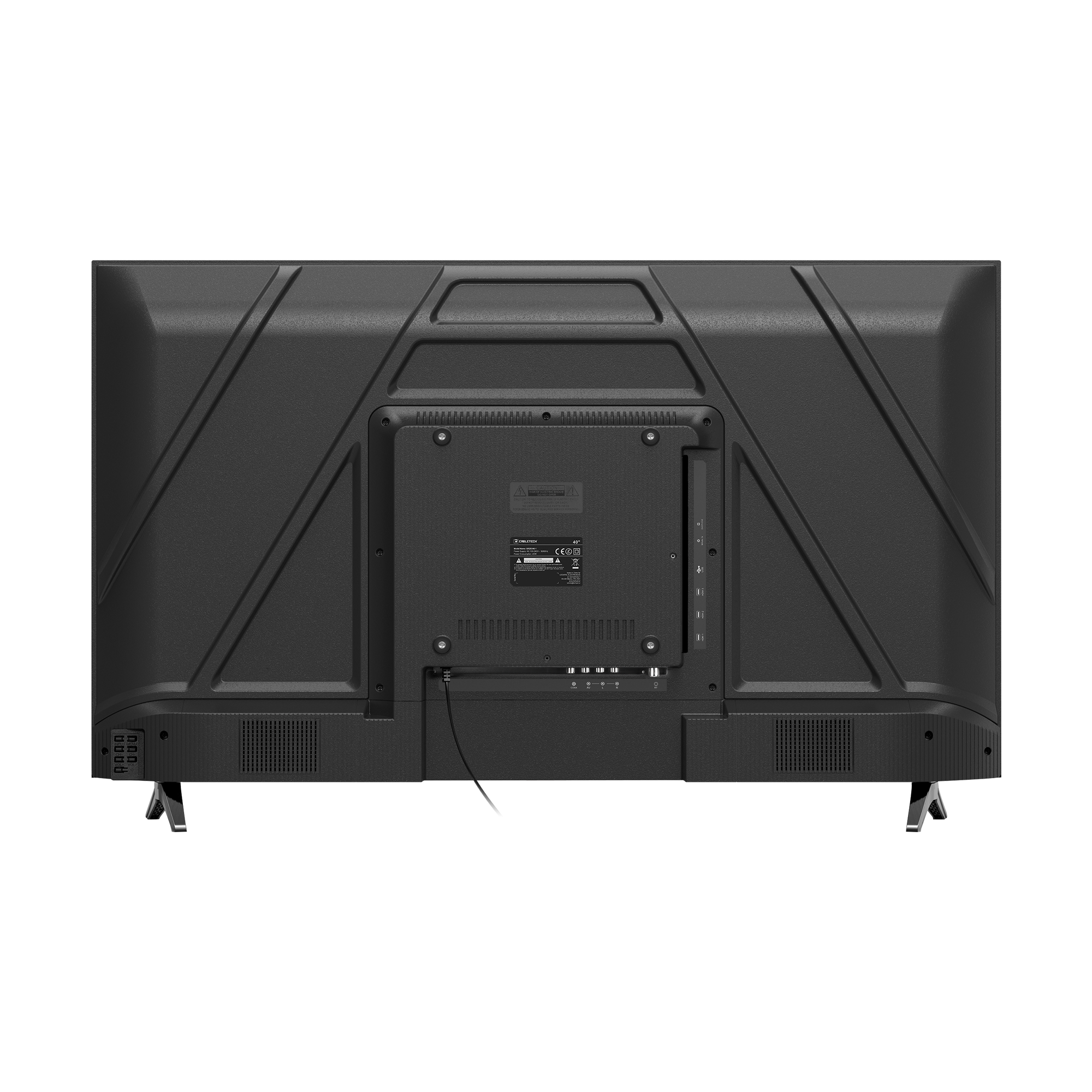 Tył czarnego telewizora z płaskim ekranem z różnymi portami. Telewizor stoi na białej powierzchni.