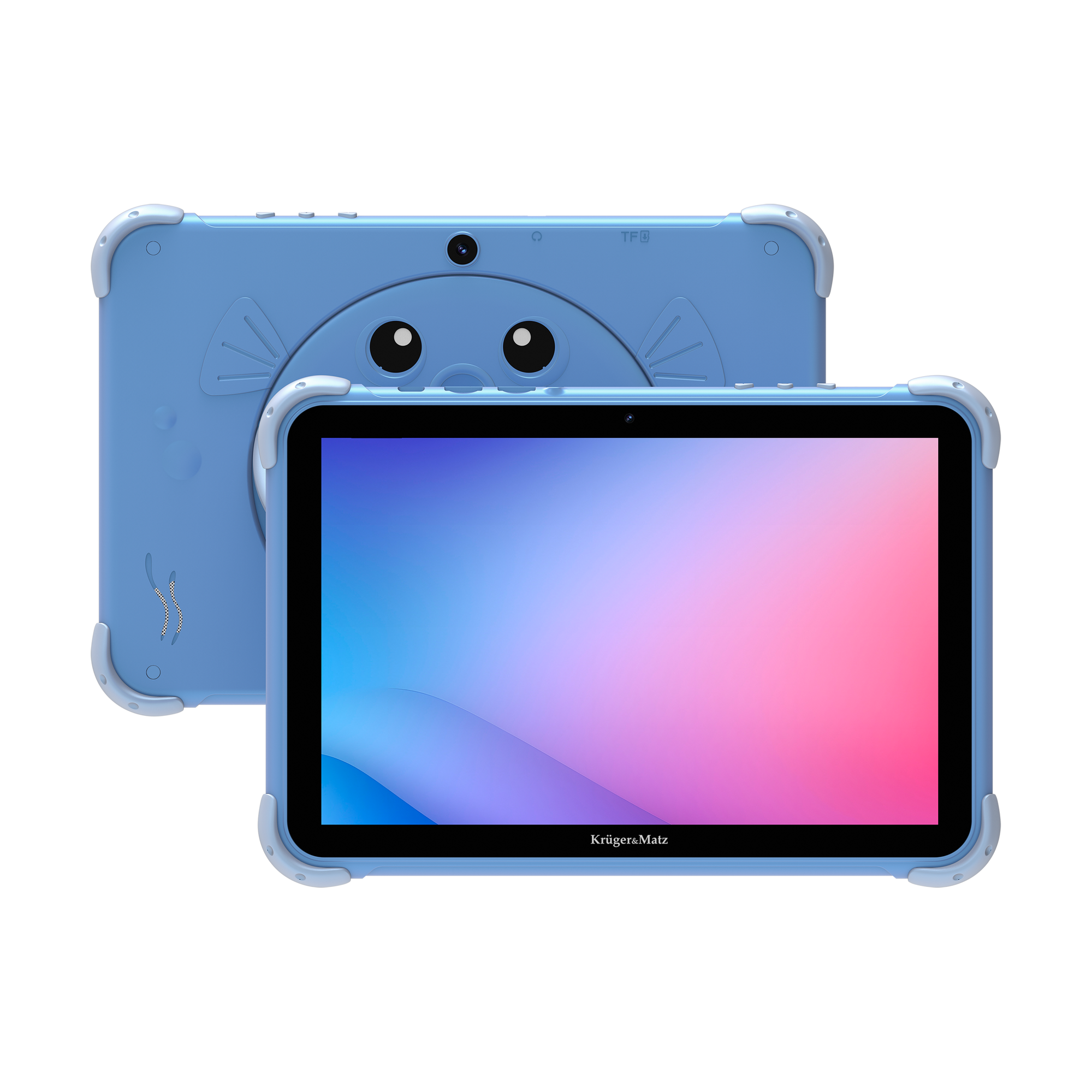 Niebieski tablet z kolorowym ekranem. Za nim jest drugi tablet. Tył ma wzór z kreskówki.