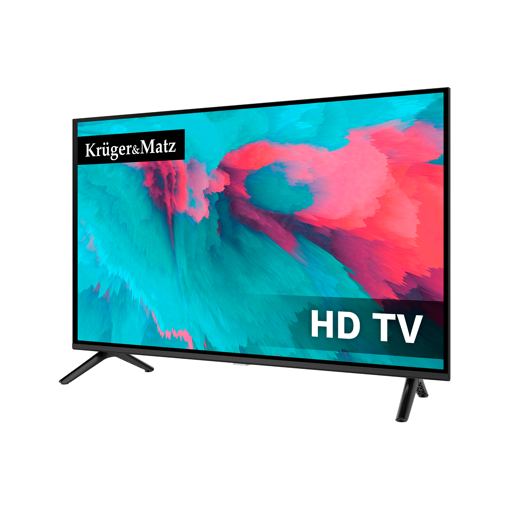 Czarny telewizor HD wyświetla abstrakcyjną sztukę w kolorach niebieskim, turkusowym i różowym. Marka to Krüger&Matz. Widoczny biały tekst 'HD TV'.