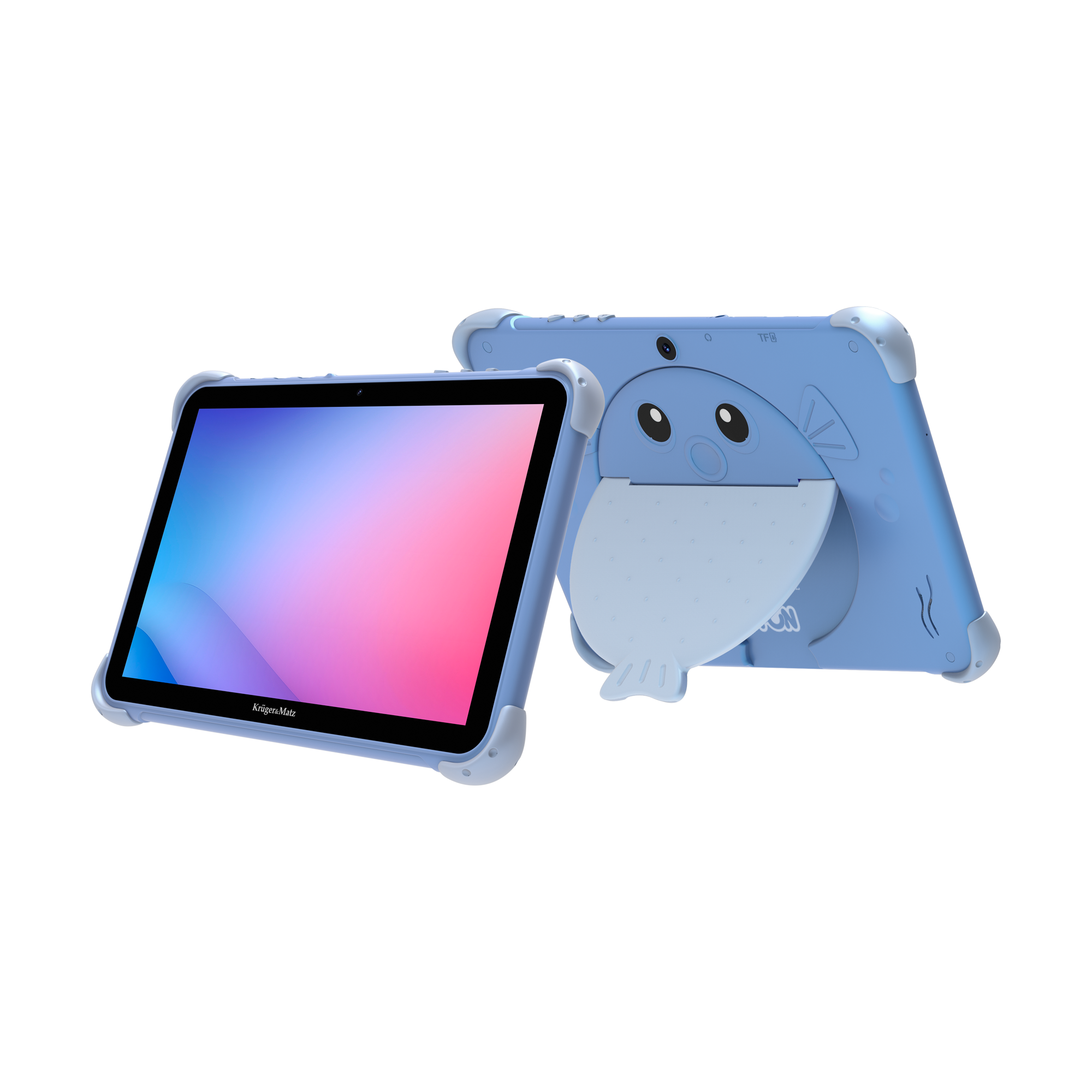 Niebieski tablet dla dzieci z kreskówkowym wzorem wieloryba. Ma kolorowy ekran i ochronne etui.