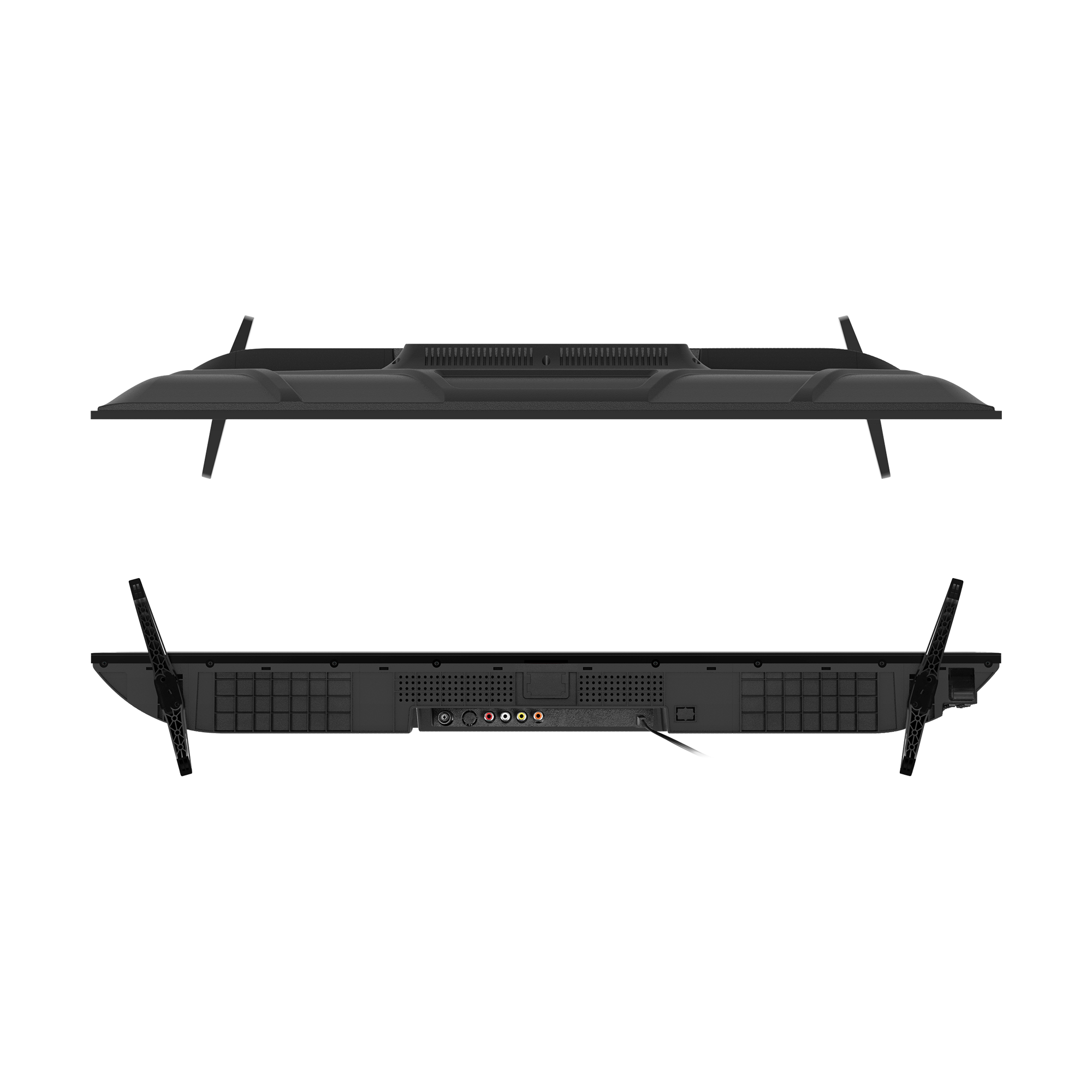 Widok z tyłu czarnego telewizora z różnymi portami i podstawą. Widoczne są górna i dolna krawędź, z otworami wentylacyjnymi i portami.