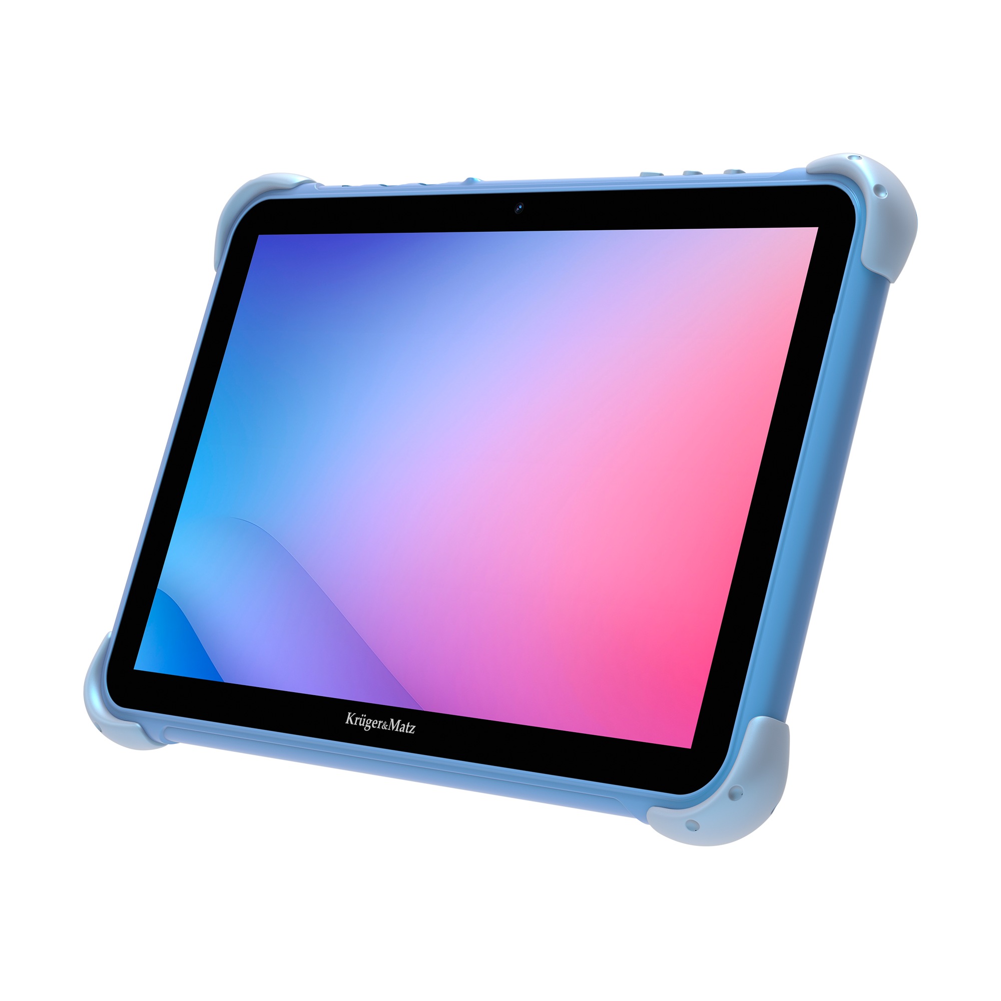Niebieski tablet z gradientem na ekranie od niebieskiego do różowego. Posiada niebieskie etui ochronne, widoczna nazwa marki.