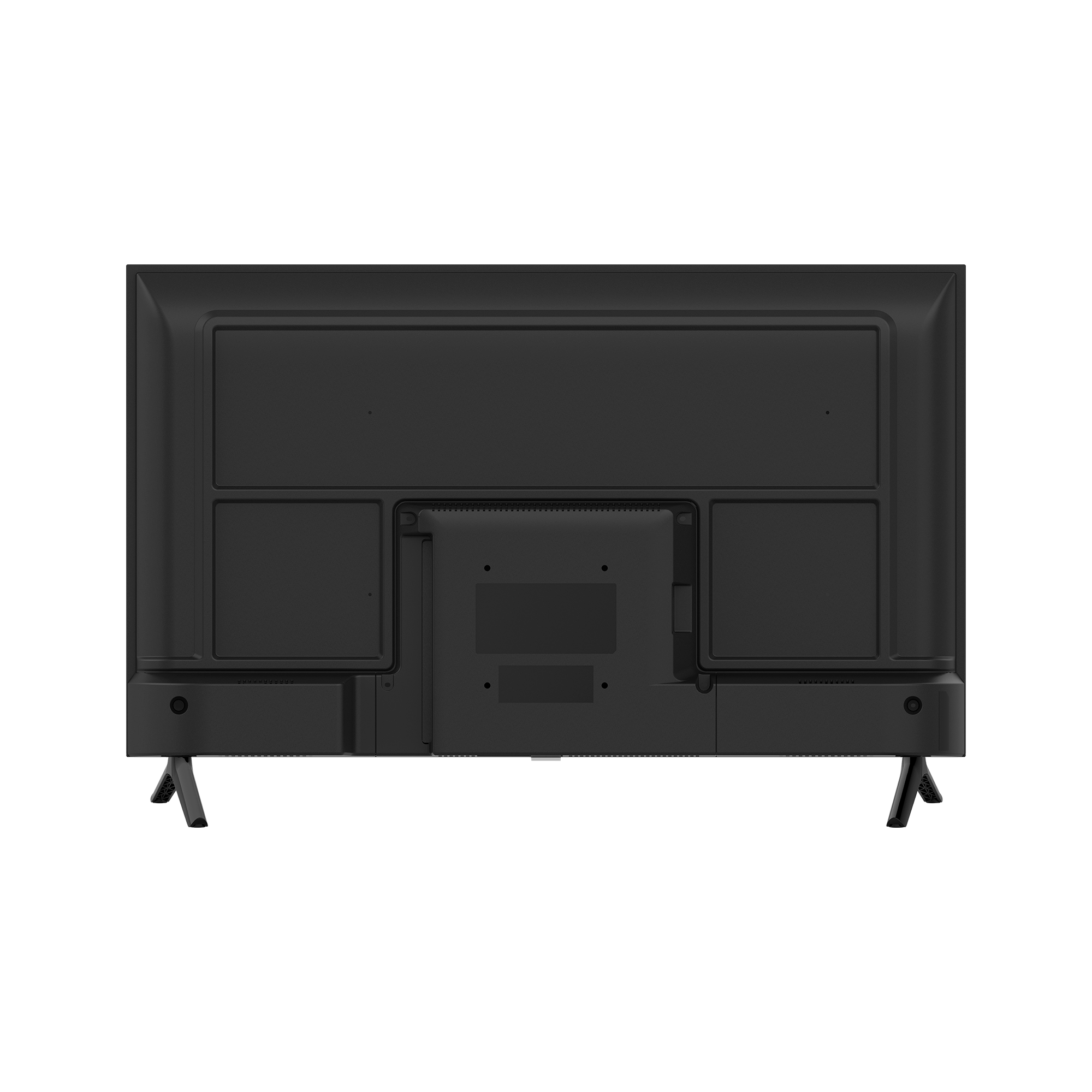 Tył czarnego telewizora z płaskim ekranem. Ma kształt prostokąta z różnymi portami i punktami montażowymi. Widoczne są dwie nogi.