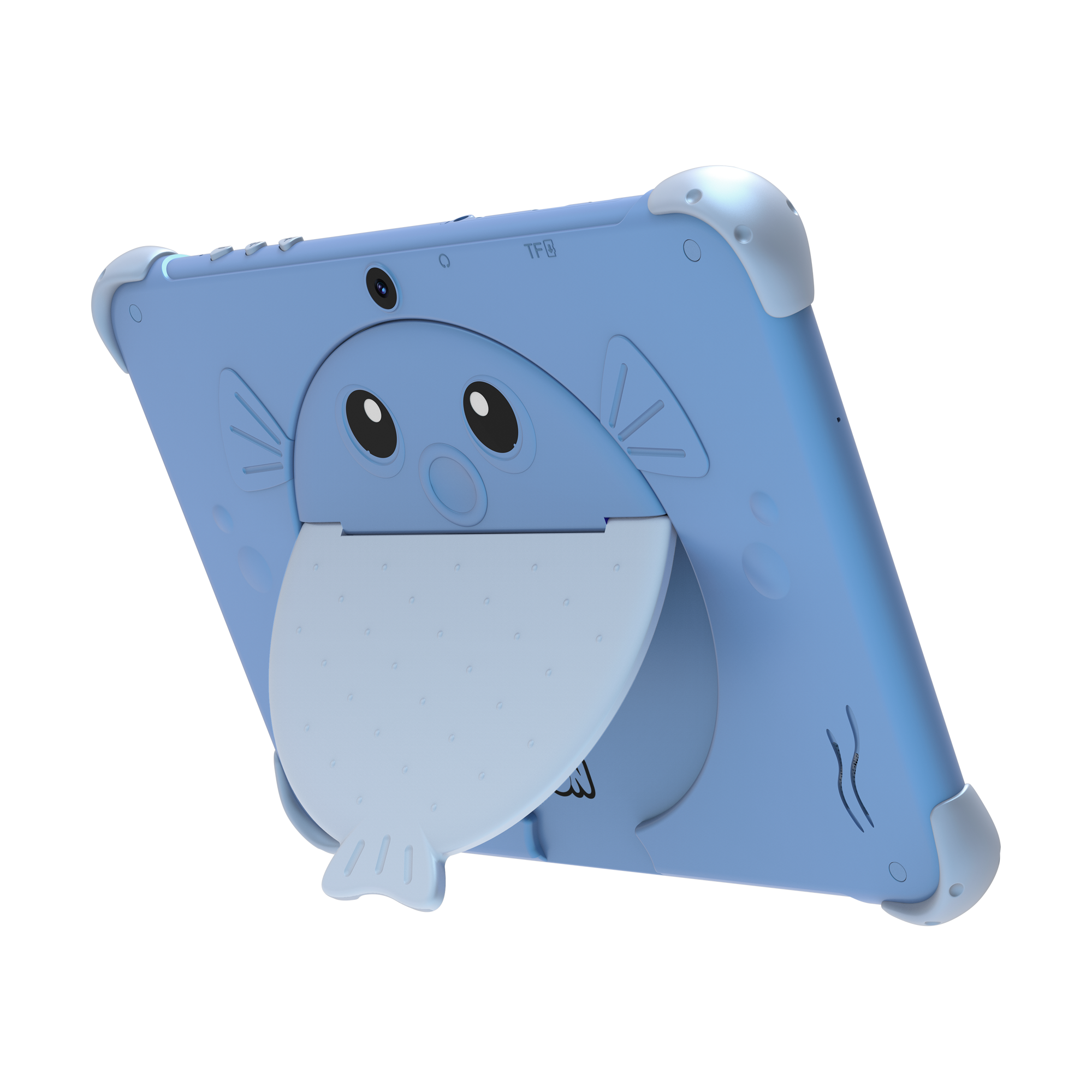 Niebieski tablet z rysunkowym wzorem ryby z tyłu. Posiada podpórkę i białe narożniki.