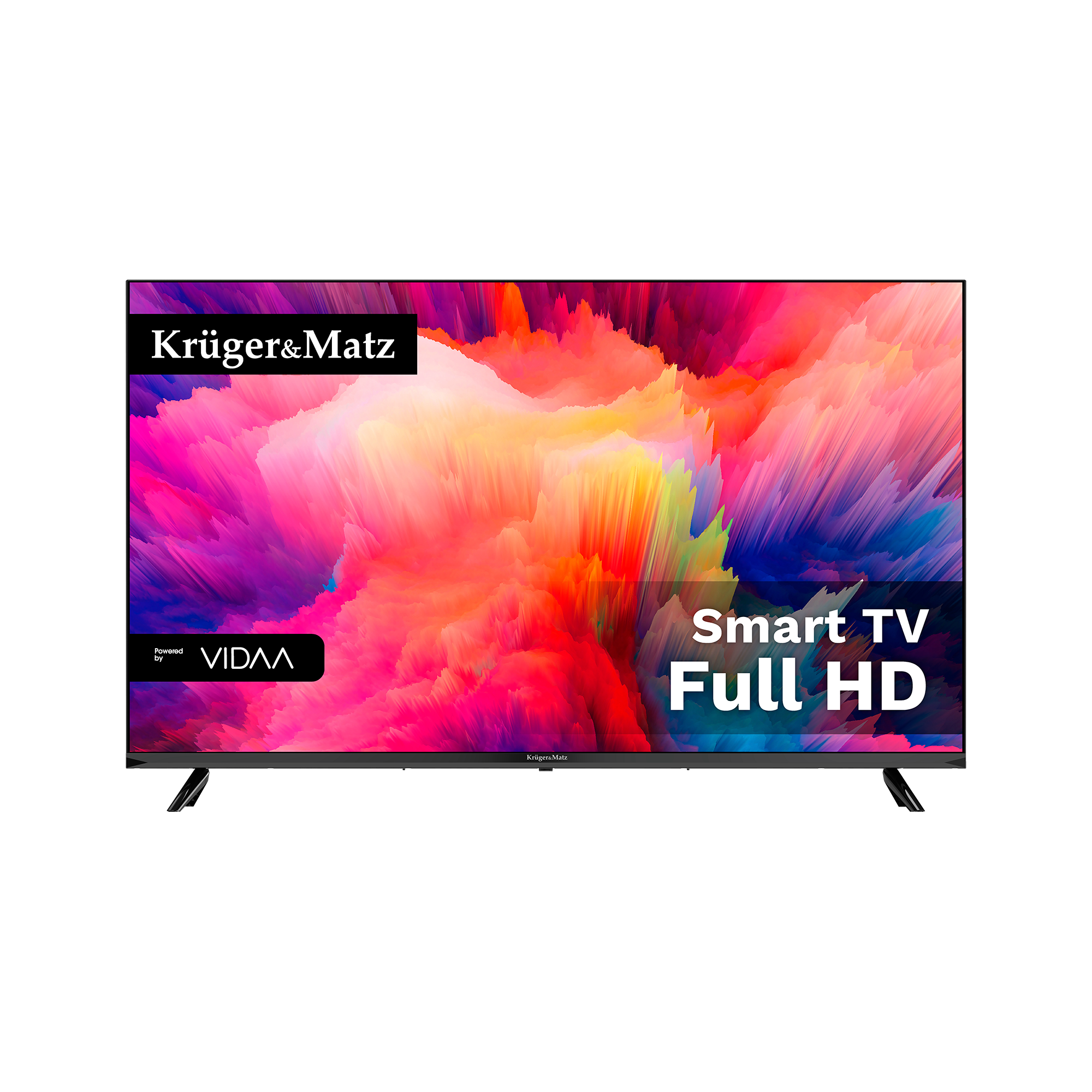 Ekran telewizora wyświetlający kolorowy abstrakcyjny obraz. Telewizor ma markę Kruger&Matz i jest oznaczony jako Smart TV Full HD.