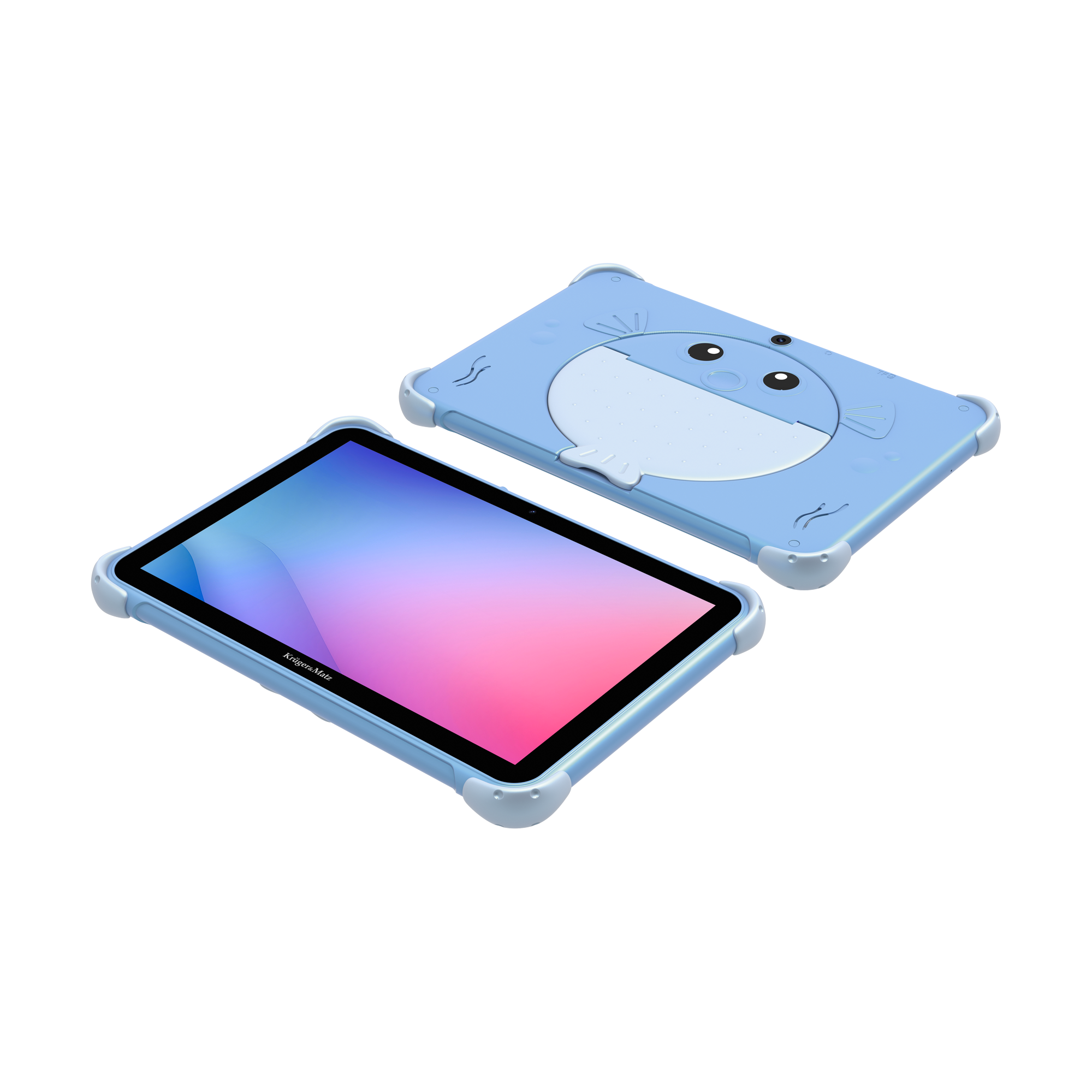 Dwa niebieskie tablety, jeden otwarty z różowo-niebieskim ekranem, drugi zamknięty z rysunkowym wzorem wieloryba.