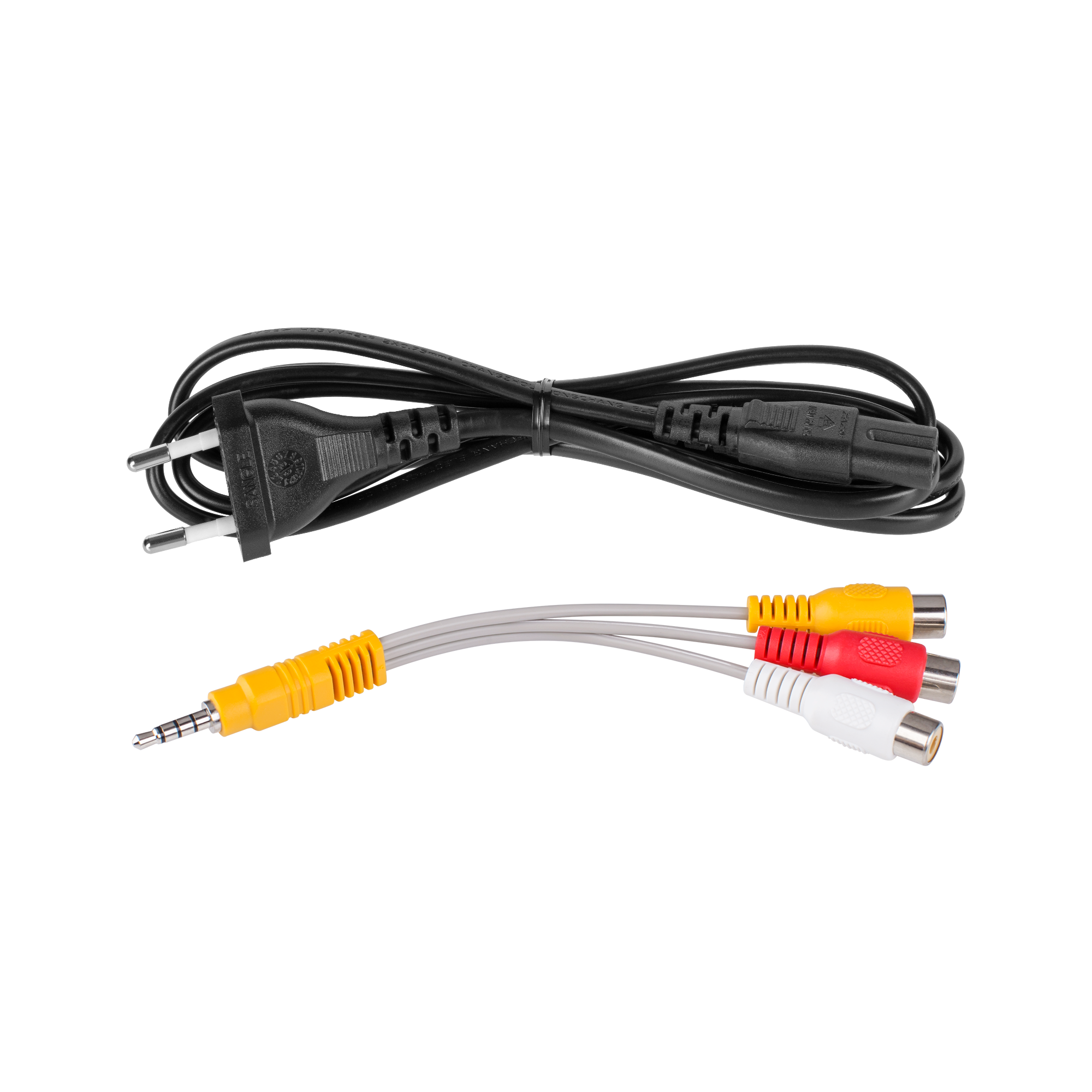 Czarny kabel zasilający i kabel RCA na białym tle. Kable RCA mają żółte, czerwone i białe końcówki. Żółty wtyk.