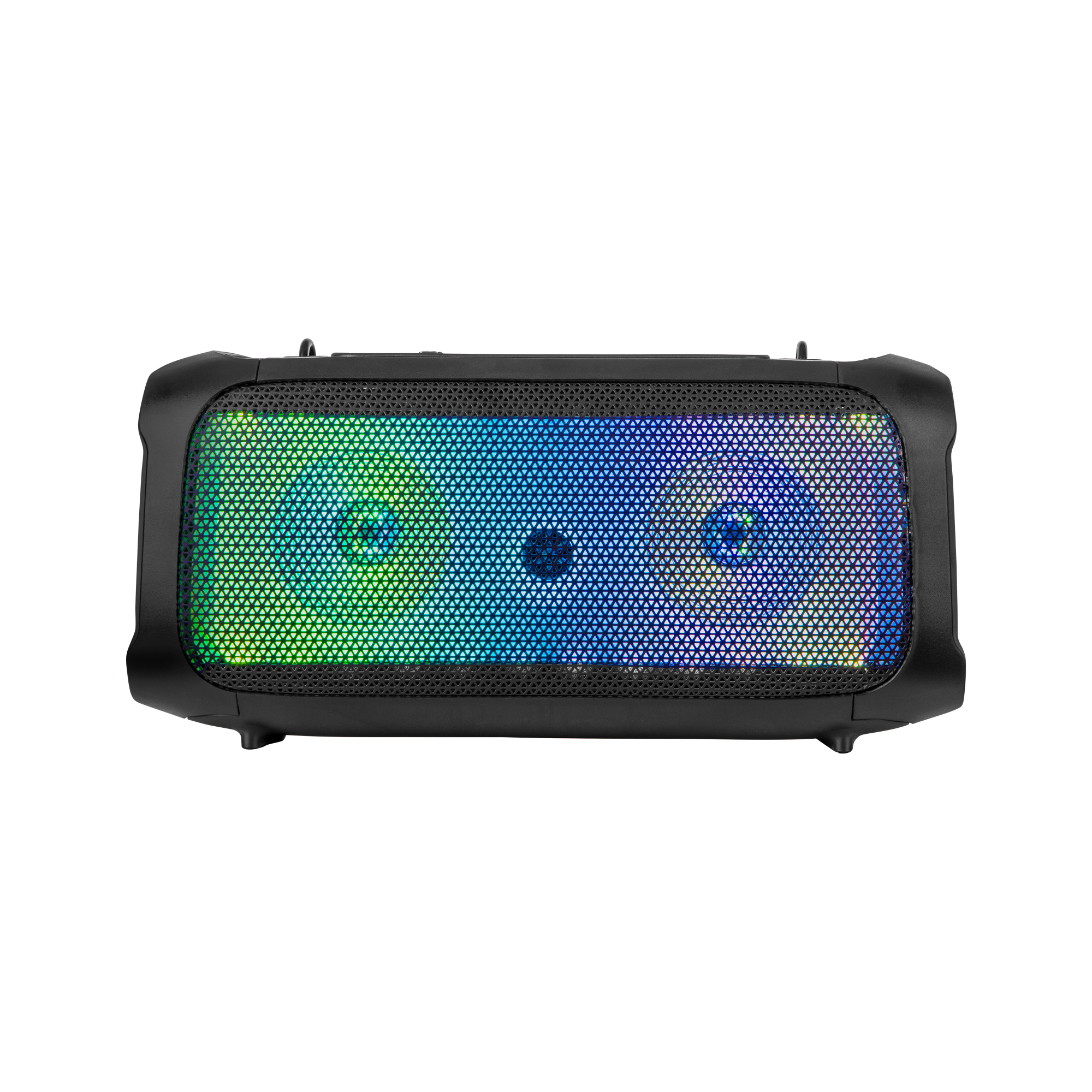 Czarny głośnik z siatkowym przodem wyświetlającym żywe kolory. Zielone, niebieskie i fioletowe światła oświetlają głośnik.