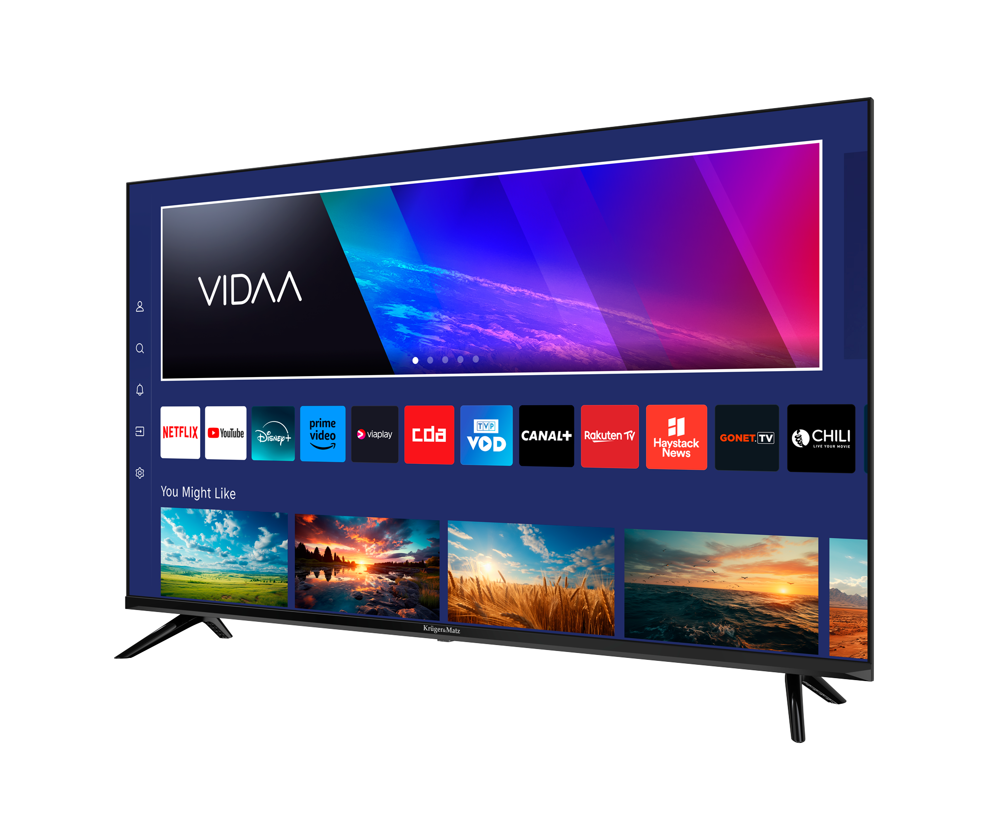 Telewizor z płaskim ekranem wyświetla kolorowy interfejs z ikonami aplikacji i gradientowym tłem. Telewizor stoi na białej powierzchni.