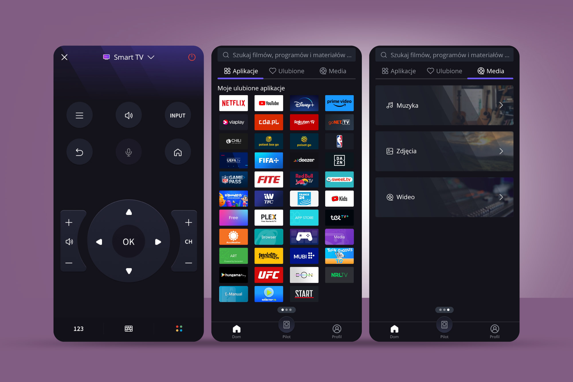 Interfejs Smart TV z pilotem, ikonami aplikacji i opcjami multimediów. Główny ekran pokazuje aplikacje takie jak Netflix i YouTube.