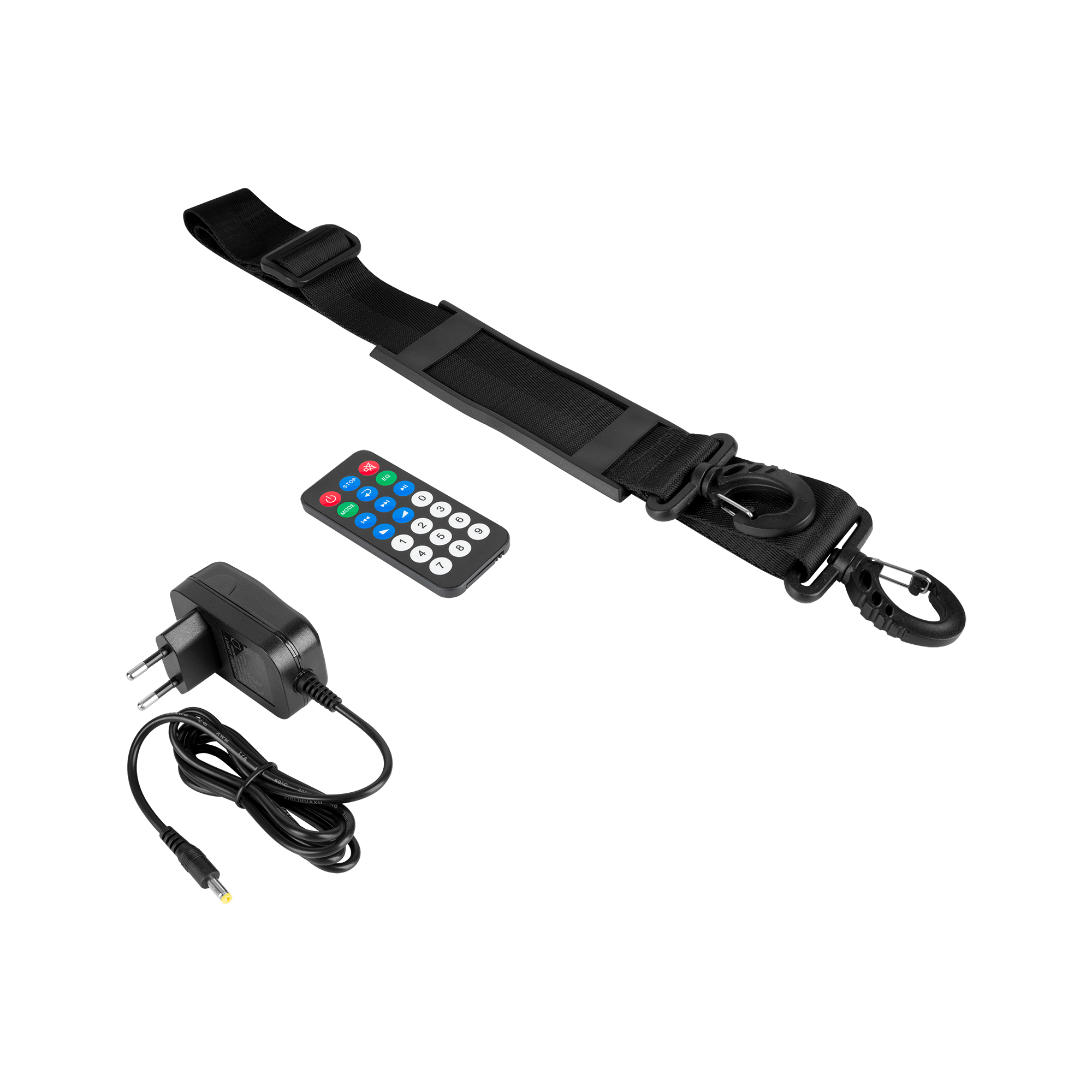 Czarny pasek, pilot i zasilacz na białym tle. Pasek ma haczyk. Pilot ma przyciski.