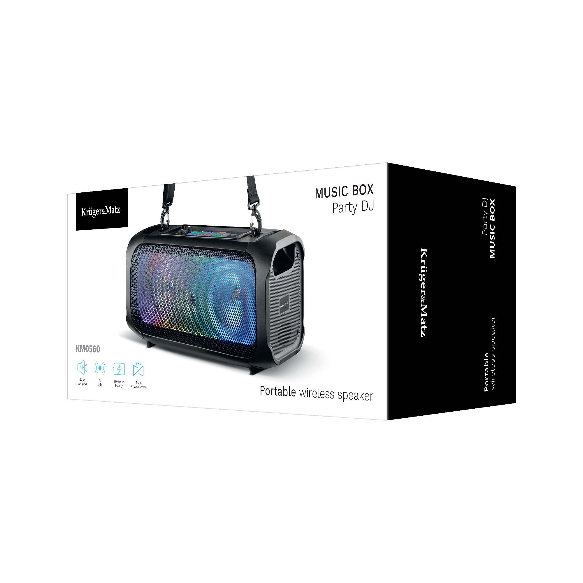 Czarny przenośny głośnik bezprzewodowy. Posiada wielokolorowe światła, pasek do noszenia i markę Krüger&Matz.