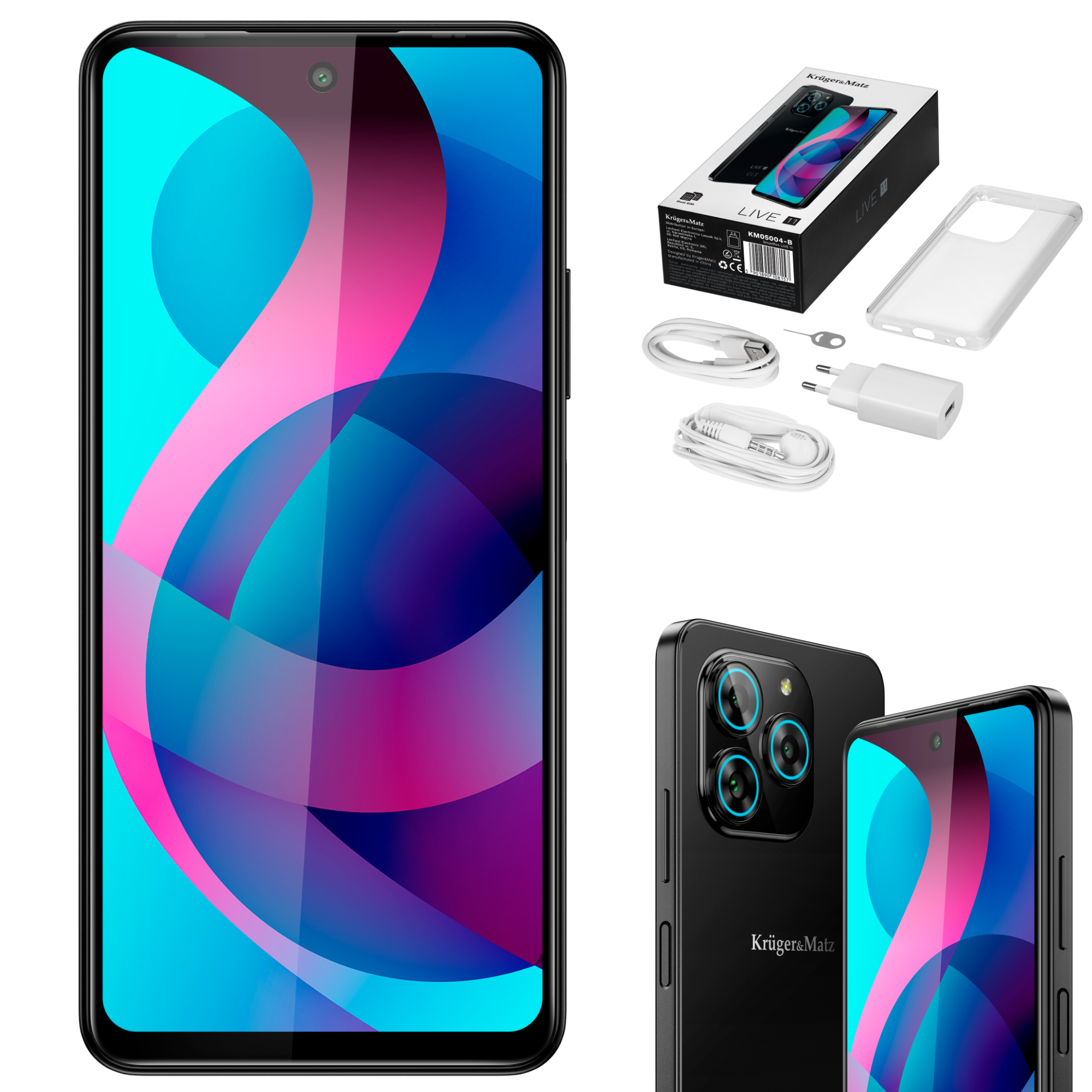 Czarny smartfon z kolorowym ekranem jest wyświetlany obok pudełka, akcesoriów i innego telefonu pokazującego tył.