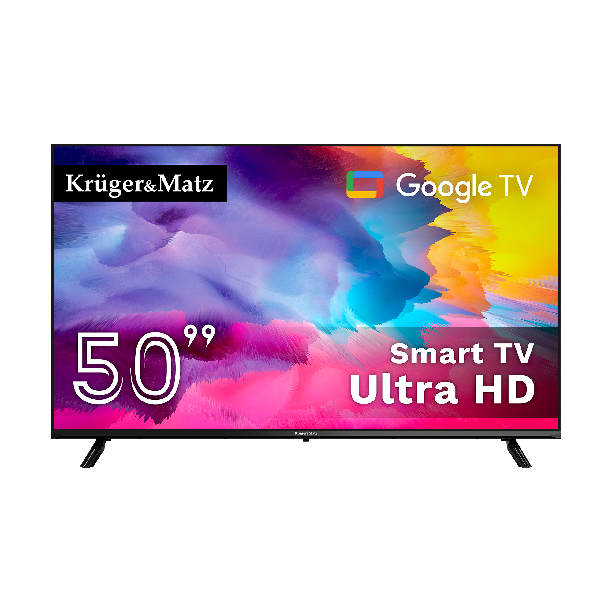 Telewizor Smart TV Krüger&Matz 50". Posiada Google TV, Ultra HD i kolorowe abstrakcyjne tło. Czarna ramka.