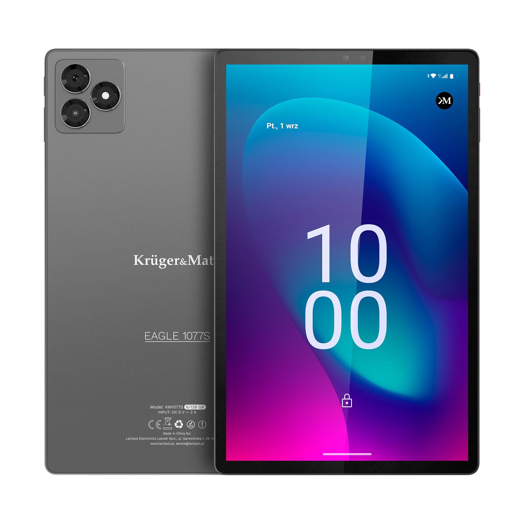 Szary tablet pokazuje godzinę 10:00. Tablet ma logo Krüger&Mat i nazwę modelu Eagle 1077S.