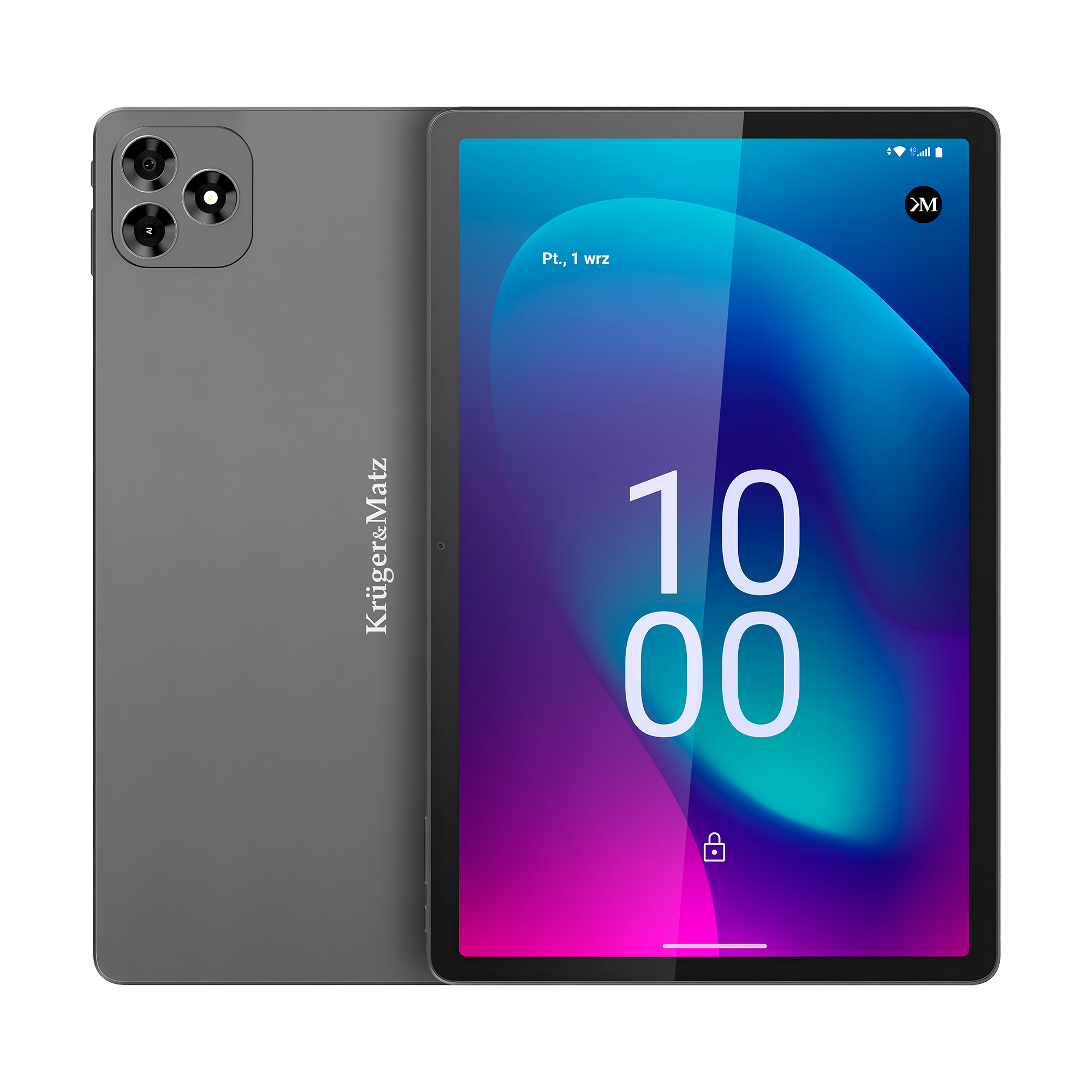 Szary tablet z ekranem wyświetlającym godzinę 10:00. Posiada trzy tylne kamery i markę 'Kruger&Matz'.