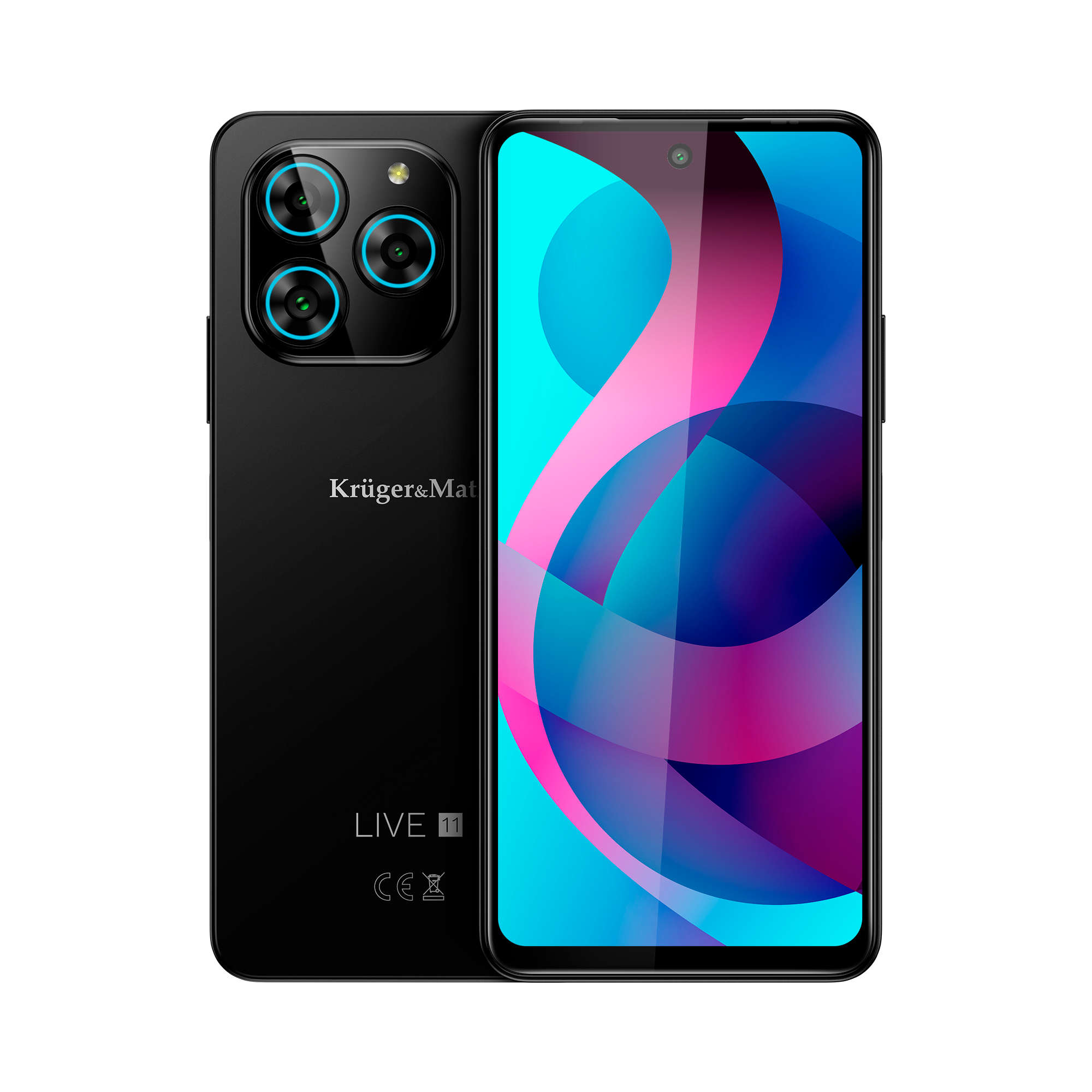 Czarny smartfon z potrójnym aparatem, abstrakcyjnym ekranem. Marka: Kruger&Mat, model LIVE 11. Znak CE. Białe tło.