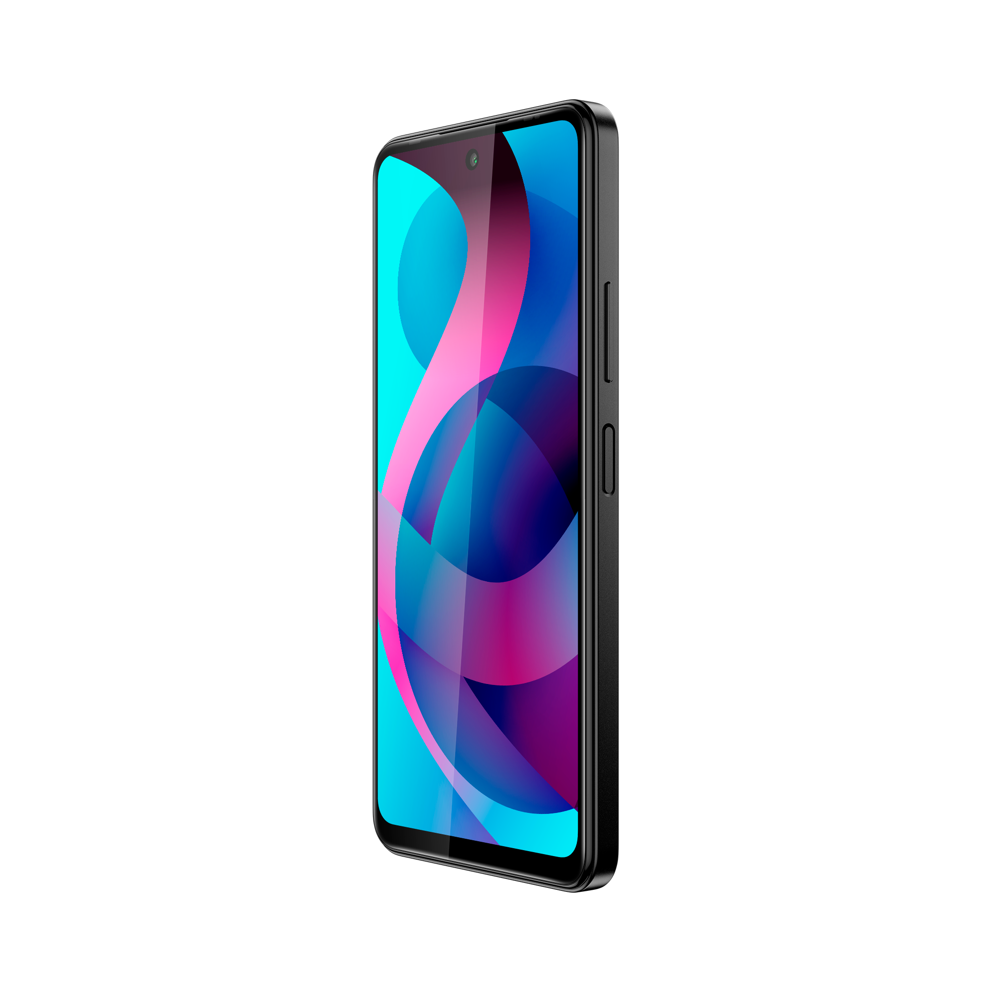 Czarny smartfon wyświetlany pod kątem. Ekran pokazuje kolorowy, abstrakcyjny wzór z niebieskim, różowym i fioletowym.