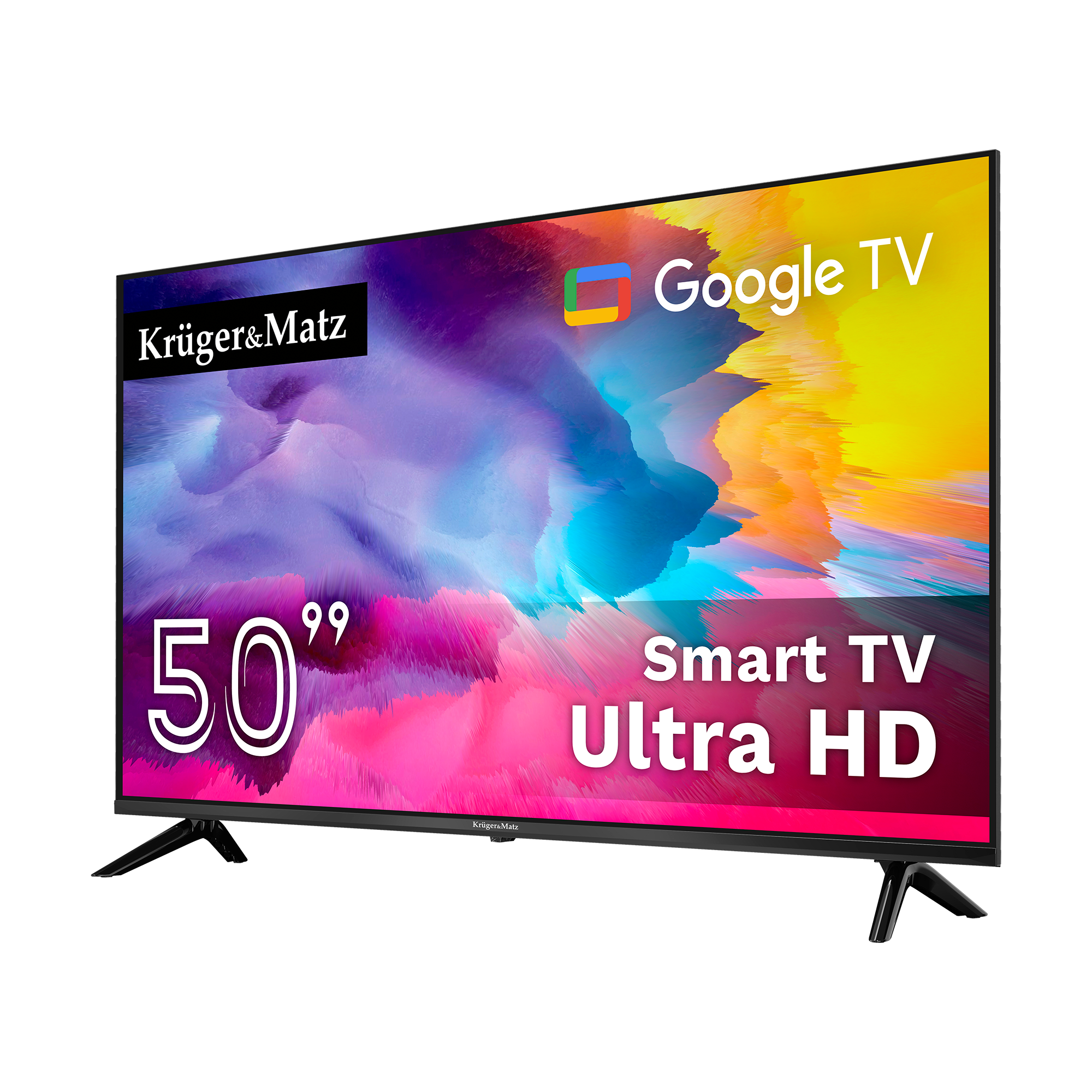 50-calowy Smart TV Kruger & Matz z Google TV i Ultra HD. Ekran wyświetla kolorową sztukę abstrakcyjną.