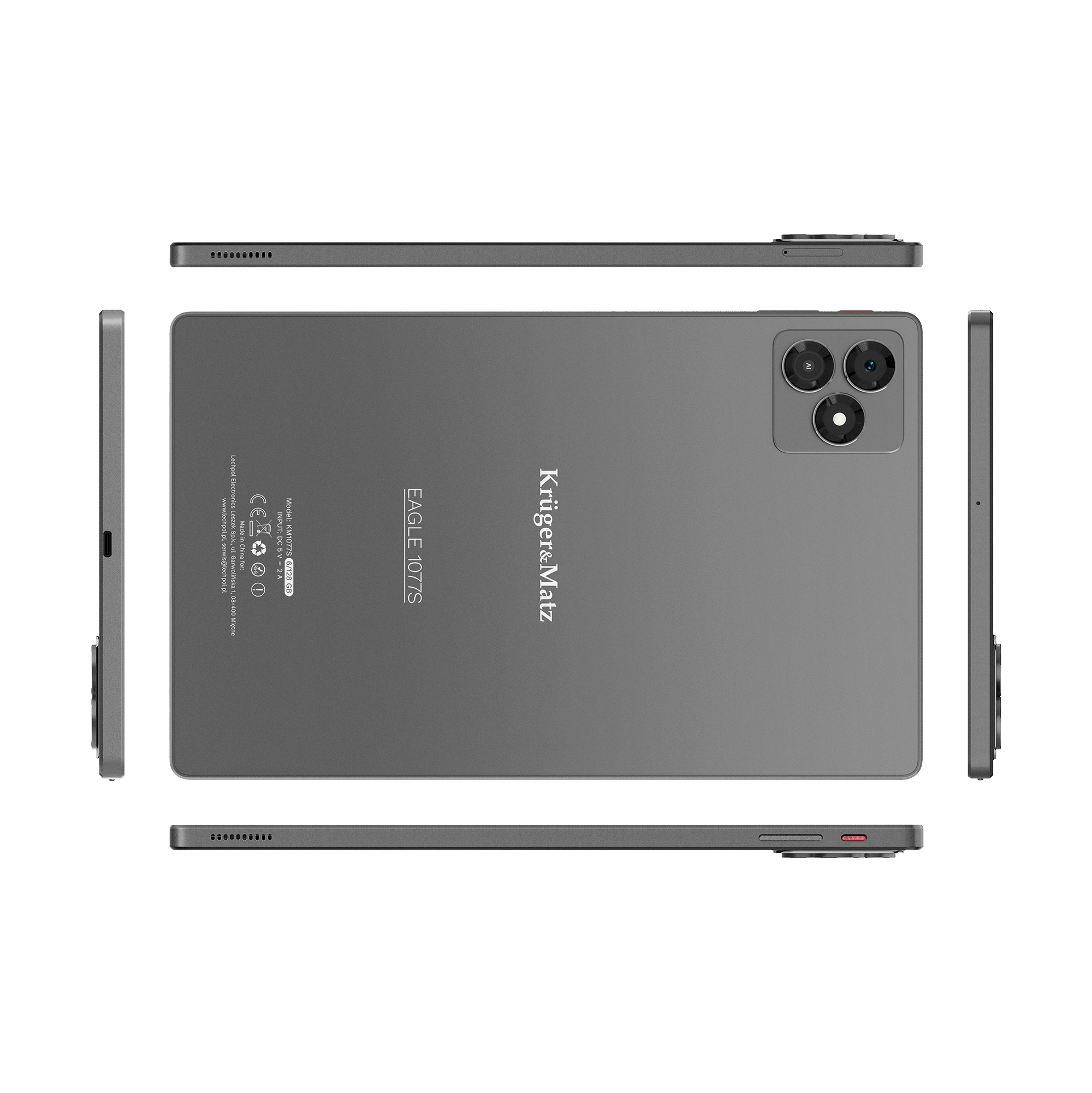 Szary tablet 'Kruger&Matz Eagle 1077S' widoczny z góry. Posiada aparat z trzema obiektywami i ramkę.