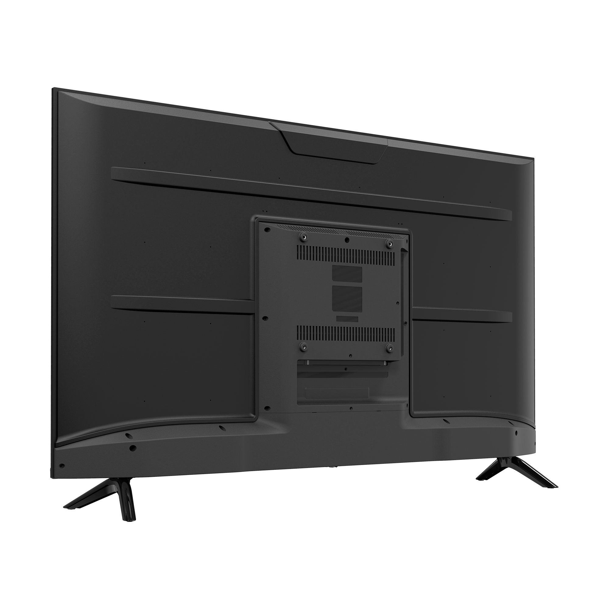 Widok z tyłu czarnego telewizora z zakrzywionymi krawędziami. Posiada centralny obszar montażu z portami i otworami wentylacyjnymi oraz dwie czarne nogi.