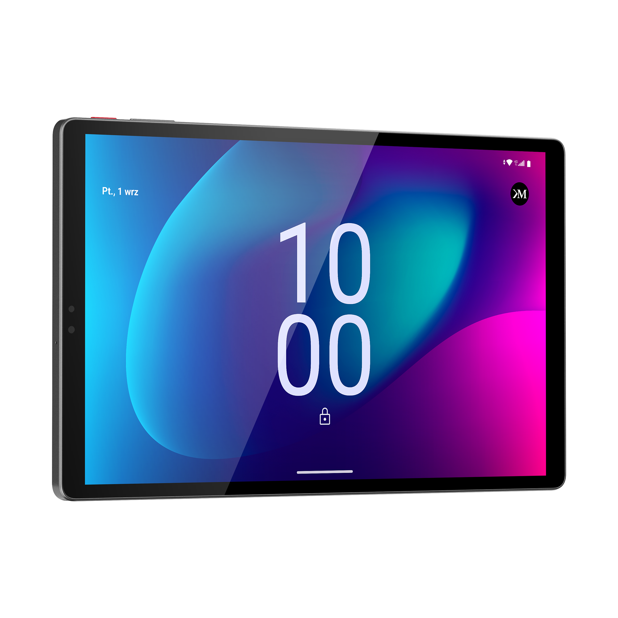 Tablet wyświetla godzinę 10:00, z ikoną kłódki. Tło ekranu ma niebieskie, turkusowe i fioletowe gradienty.