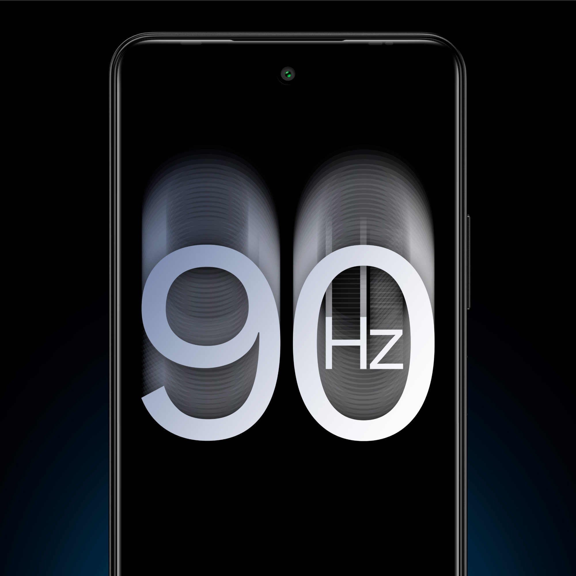 Ekran smartfona wyświetla '90 Hz' w kolorze białym. Tło jest czarne. Telefon ma przedni aparat.