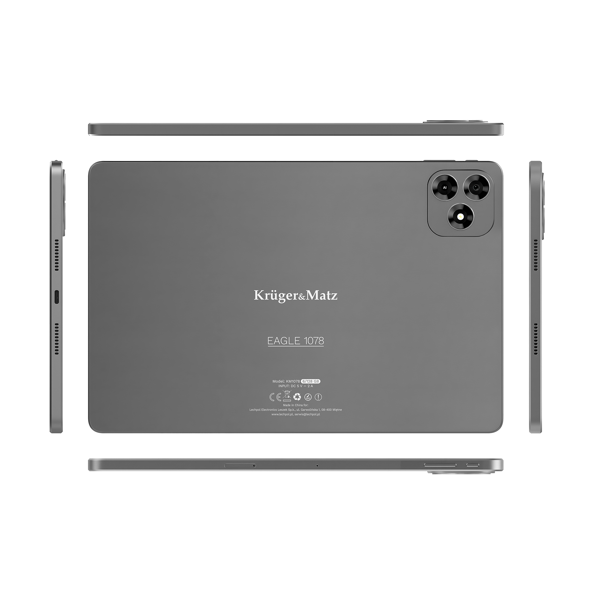 Szary tablet marki 'Kruger&Matz EAGLE 1078' z potrójnym aparatem i metalową ramką.