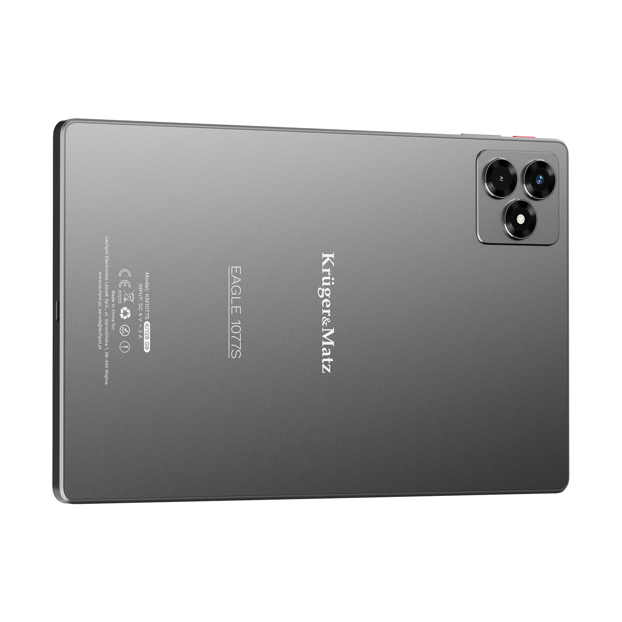 Szary tył tabletu z trzema aparatami. Marka to Kruger & Matz. Model to Eagle 1077S.