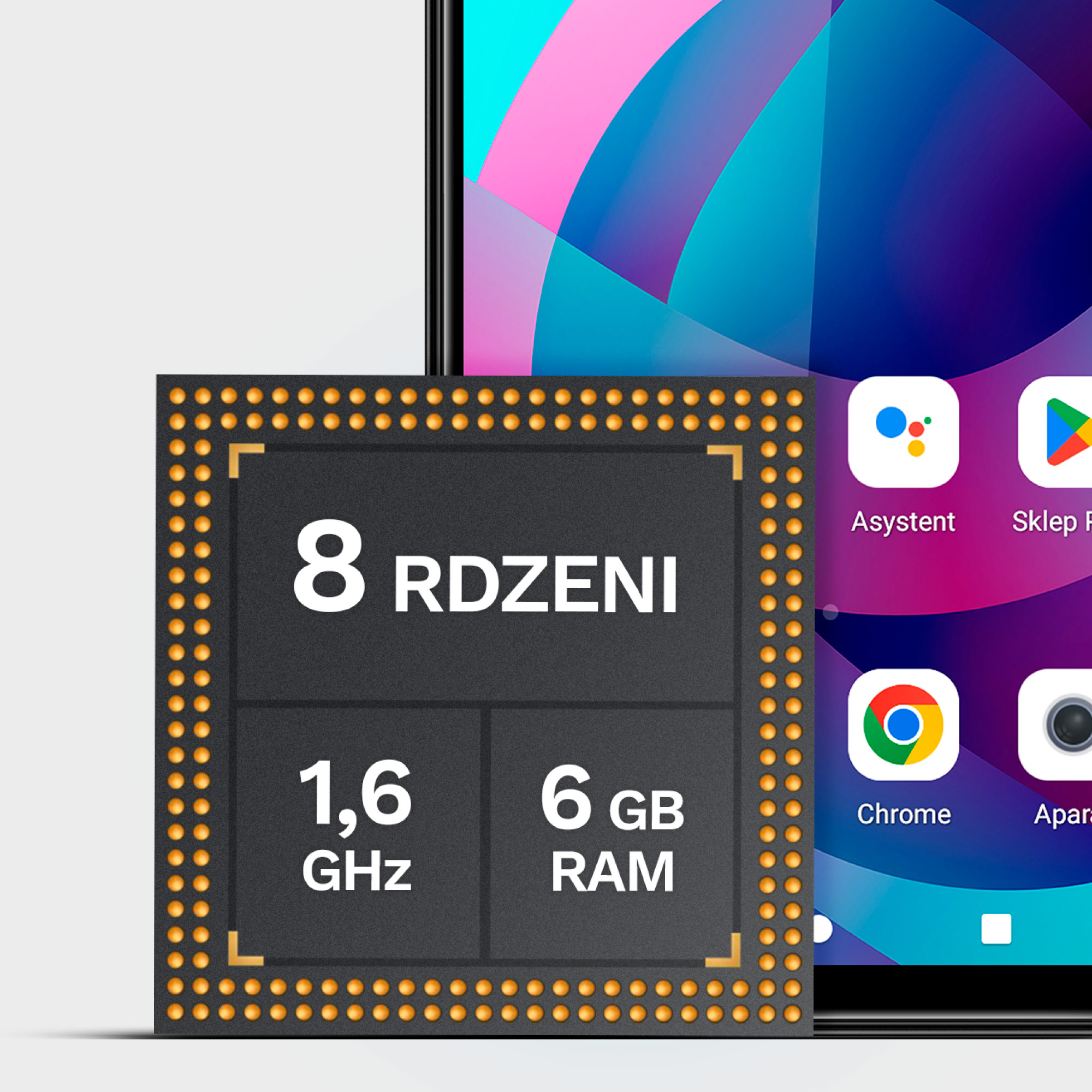 Ekran telefonu z informacjami o procesorze: 8 rdzeni, 1,6 GHz, 6 GB RAM. Ikony Asystenta, Sklepu Play, Chrome i kamery.