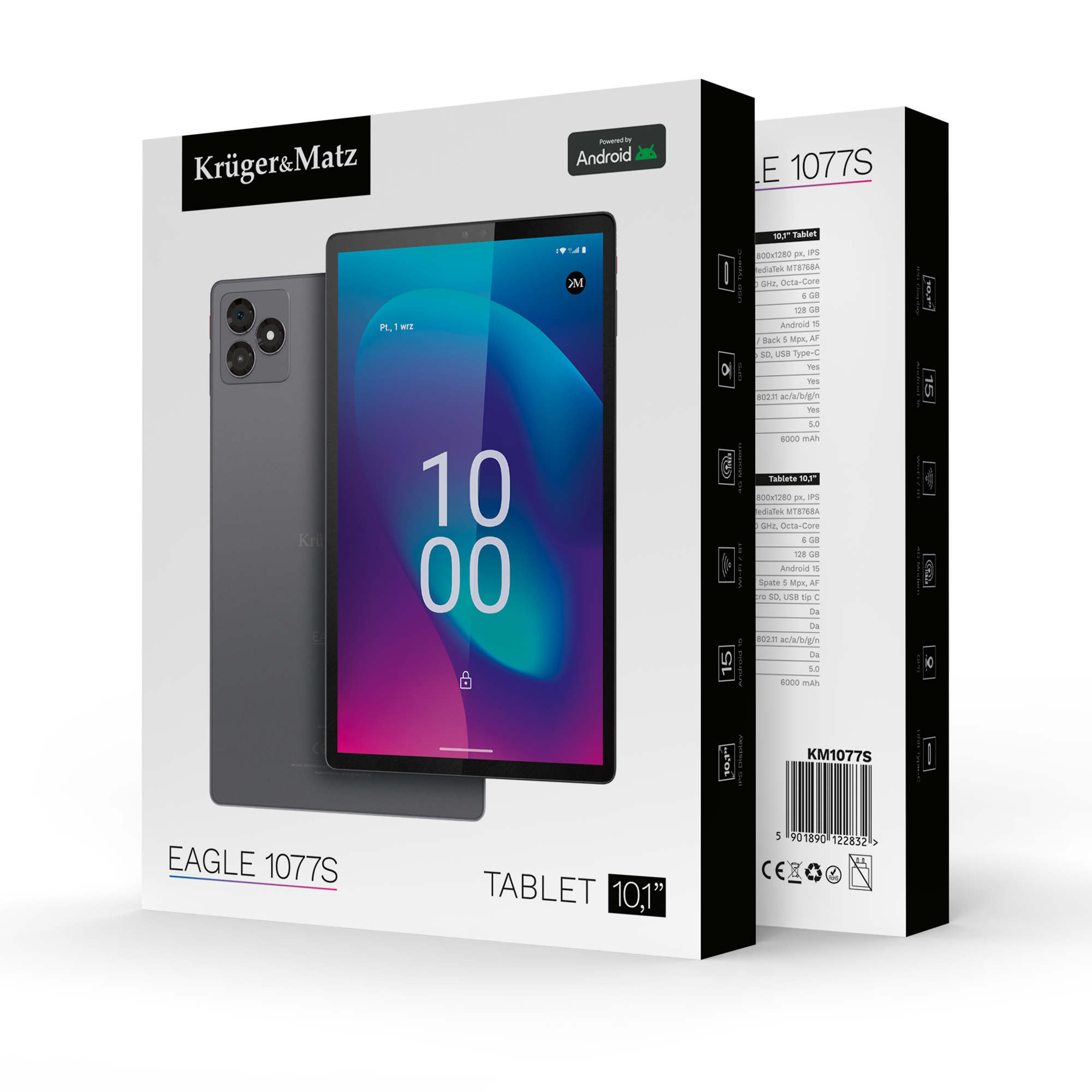 Pudełko tabletu z tabletem wyświetlającym niebiesko-fioletowy ekran. Na pudełku napis 'EAGLE 1077S' i 'TABLET 10.1"'.