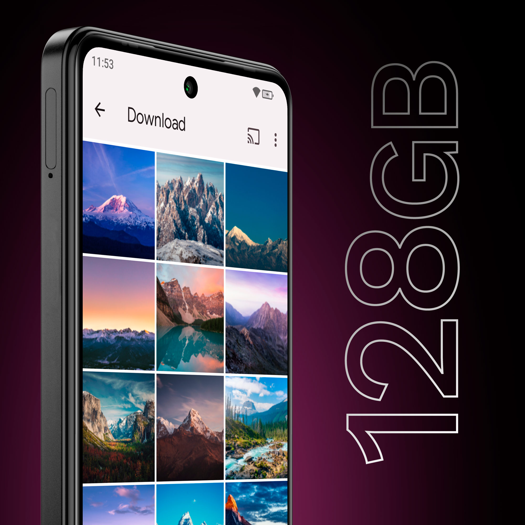Smartfon wyświetlający zdjęcia krajobrazów. Tekst 128GB jest po prawej stronie, na gradientowym tle fioletu i czerni.