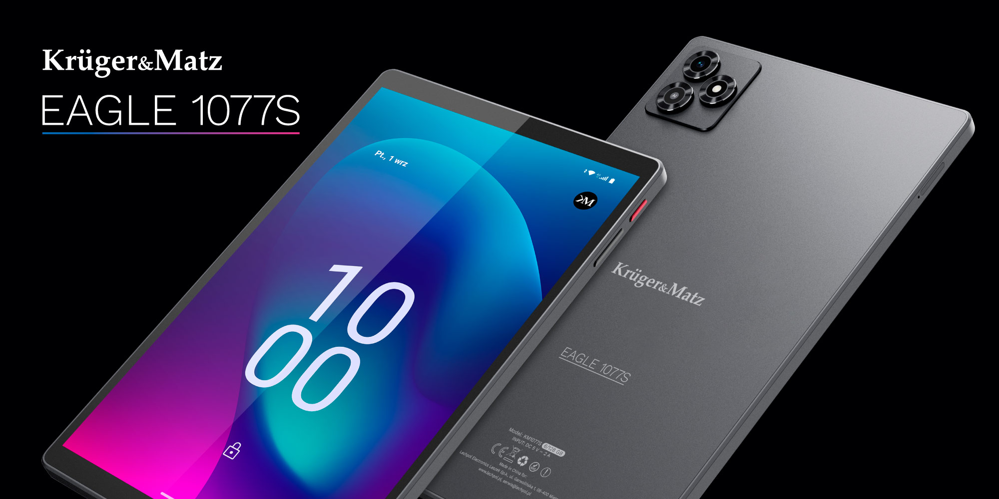 Tablet z ekranem wyświetlającym godzinę 10:00. Z tyłu trzy kamery i nazwa marki Krüger&Matz.