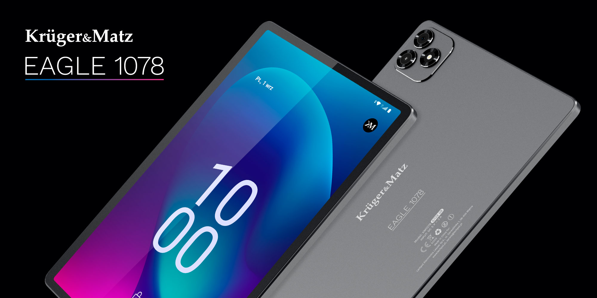 Tablet z jasnym ekranem pokazującym godzinę 10:00, tablet jest szary, z trzema aparatami z tyłu. Marka to Kruger&Matz.