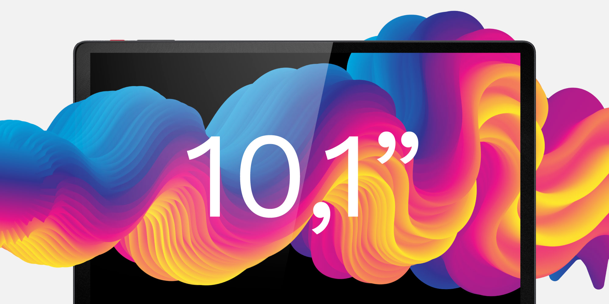 Czarny tablet wyświetla "10,1" na kolorowym, wirującym tle w kolorze niebieskim, różowym i żółtym. Tablet ma czarną ramkę.