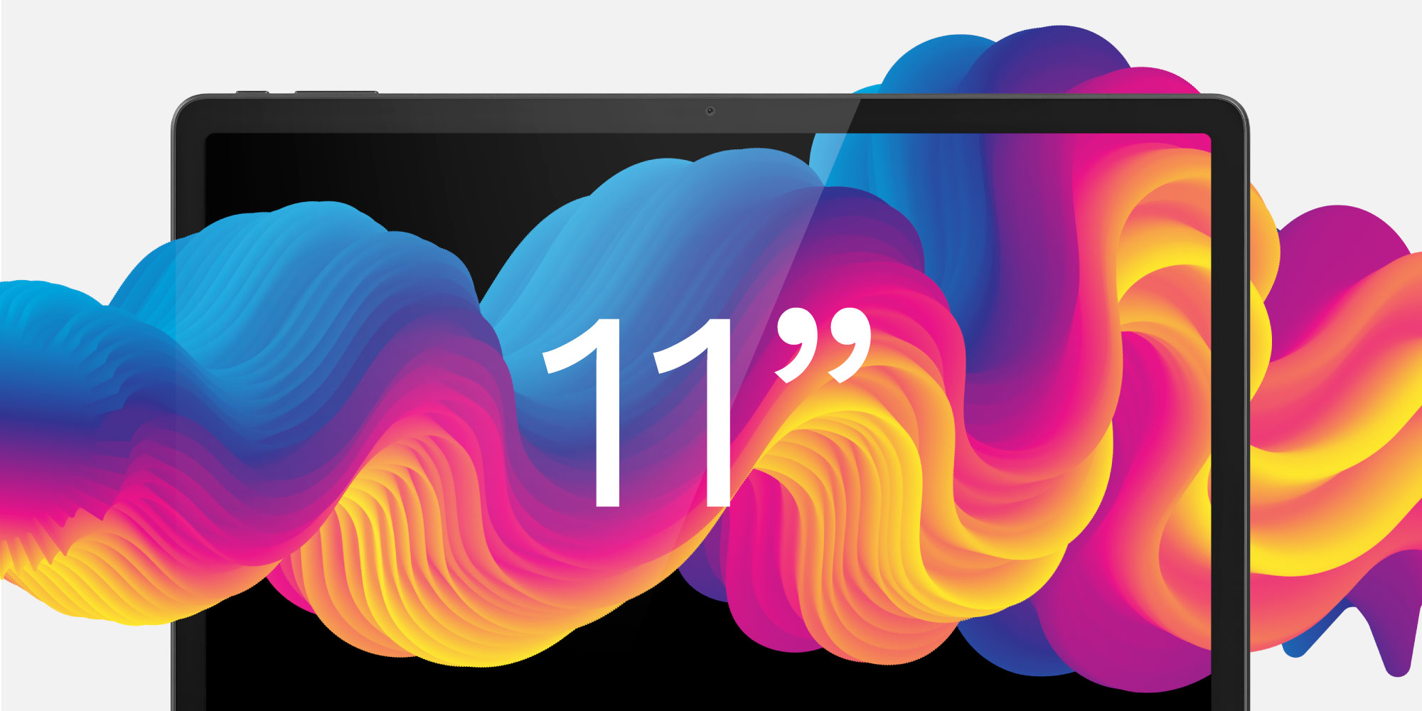 Czarny tablet z 11-calowym ekranem. Tło przedstawia kolorowy, abstrakcyjny wzór z niebieskimi, żółtymi i różowymi wirami.