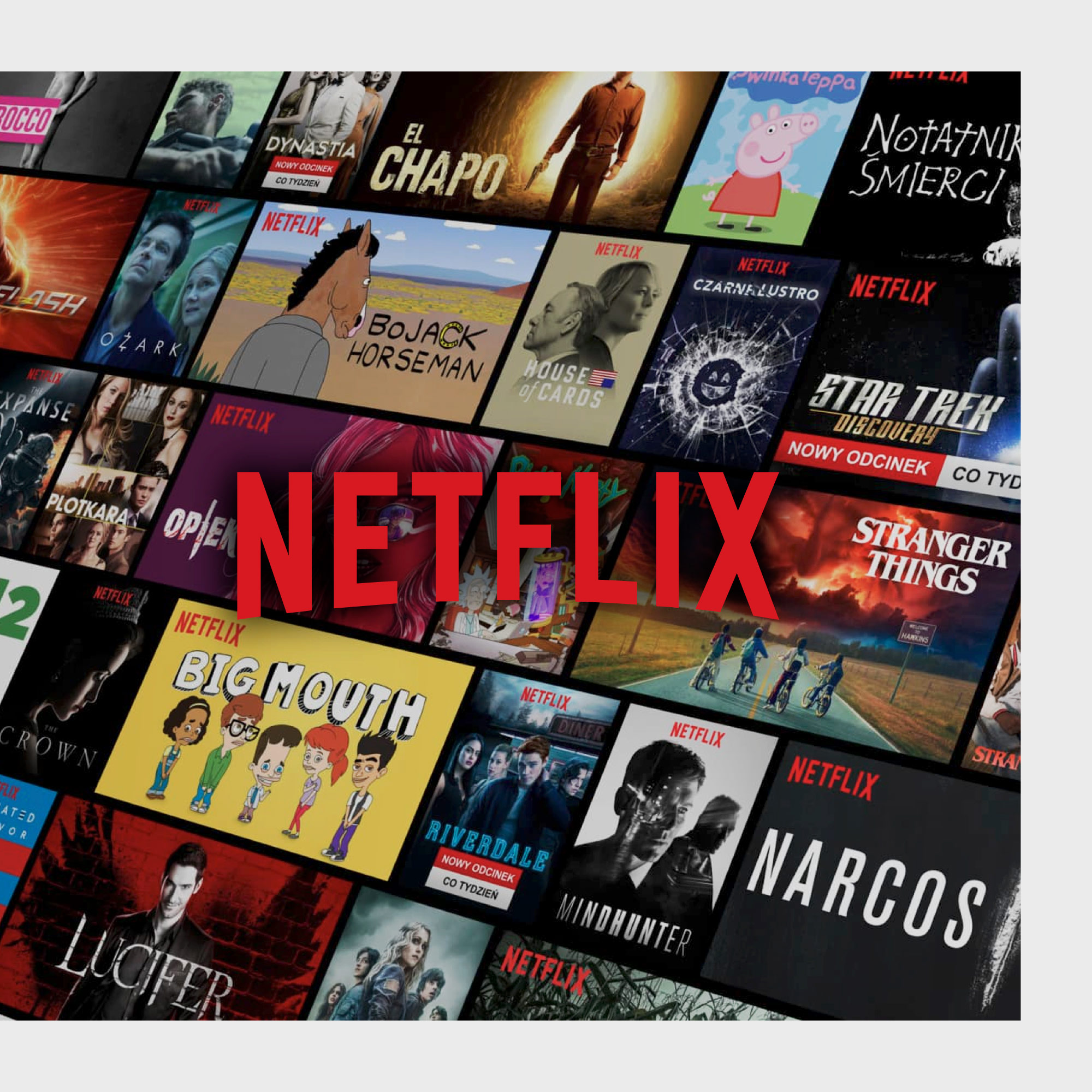 Kolaż plakatów seriali Netflix, w tym 'Narcos', 'Stranger Things' i 'BoJack Horseman', z dużym logo 'Netflix'.