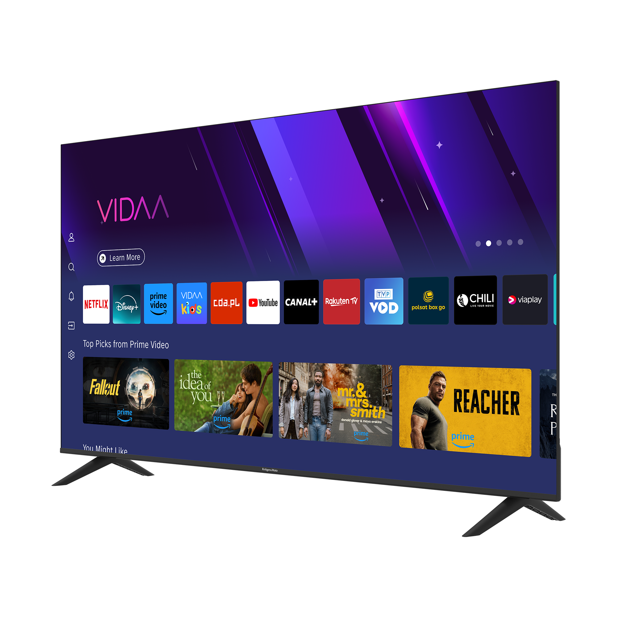 Ekran telewizora wyświetlający ekran główny z logo usług streamingowych, w tym Netflix, Disney+ i Prime Video. Telewizor ma czarne nogi.